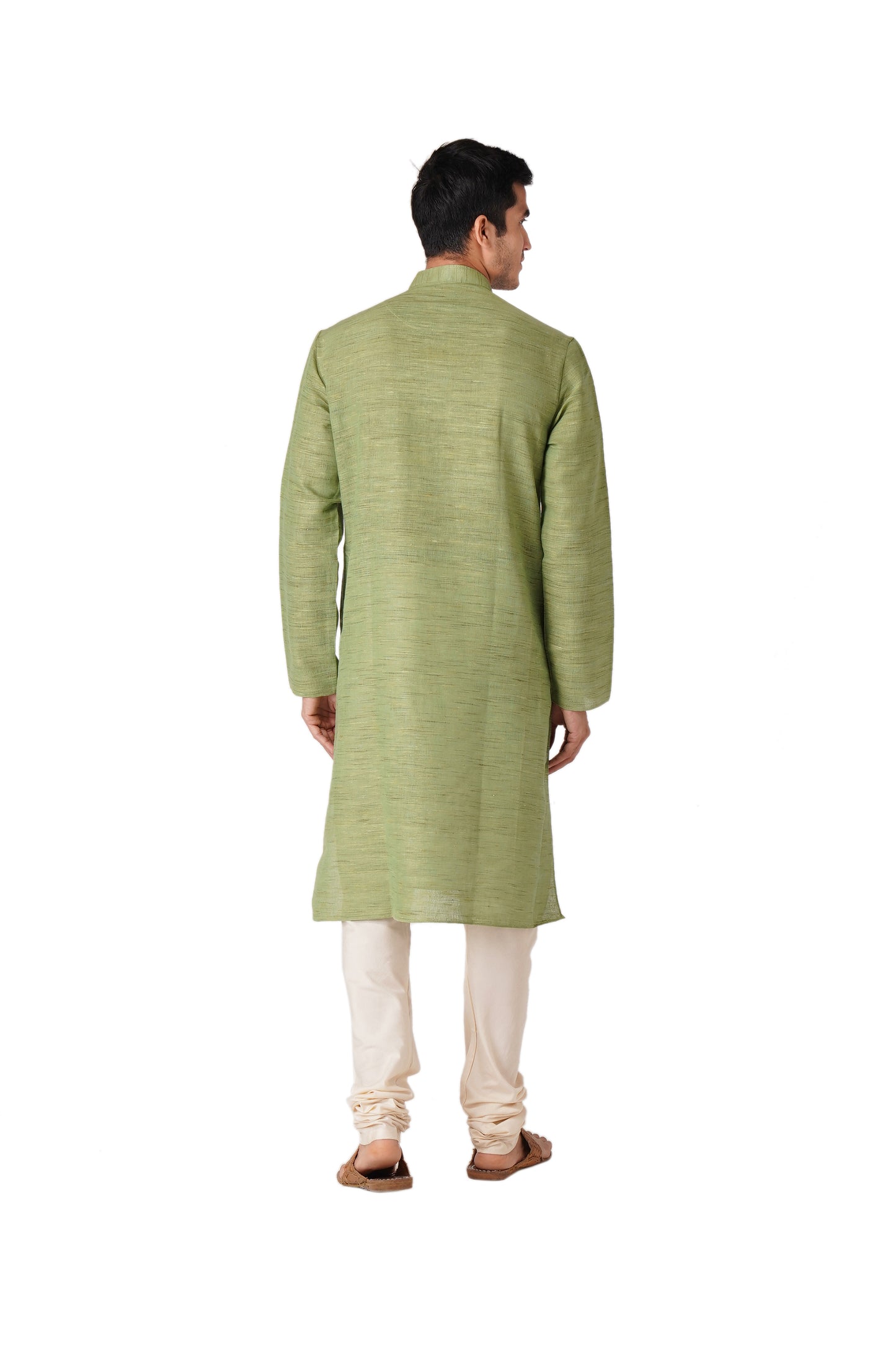 Full Sleeve Self Design Kurta and Churidar Set in Green Khadi Cotton