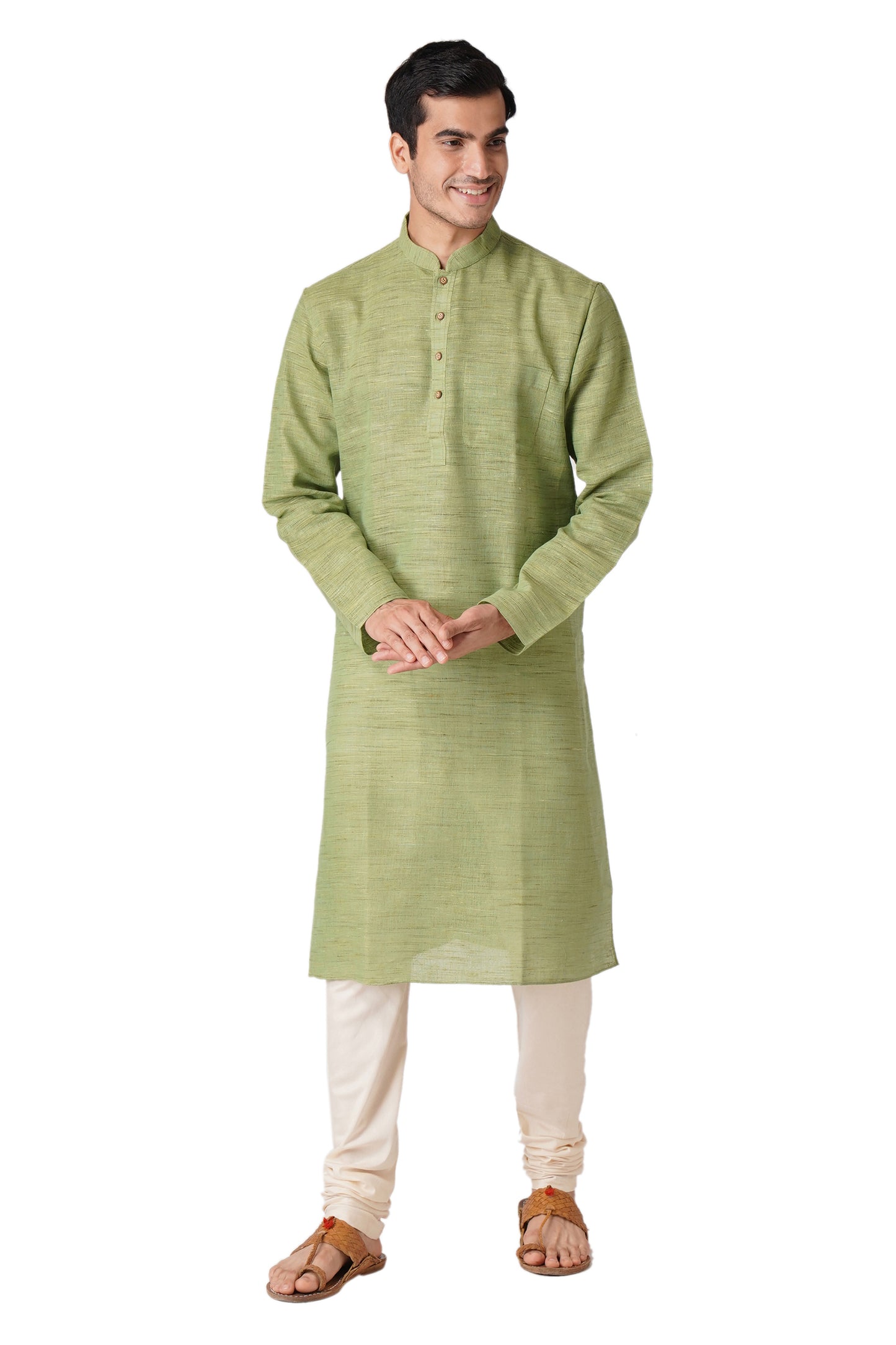 Full Sleeve Self Design Kurta and Churidar Set in Green Khadi Cotton