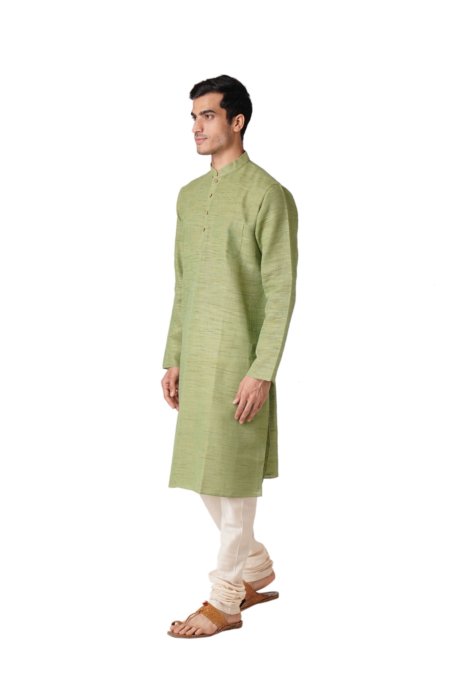 Full Sleeve Self Design Kurta and Churidar Set in Green Khadi Cotton