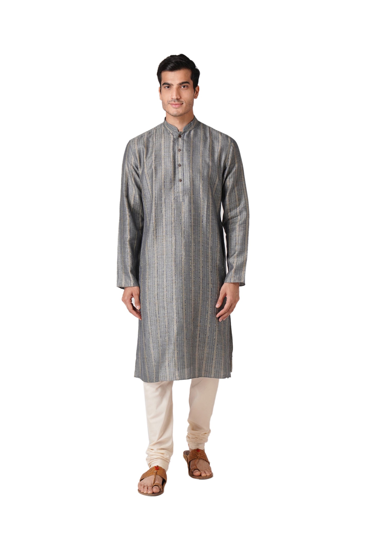 Full Sleeve Striped Kurta and Churidar Set in Blue Pure Cotton