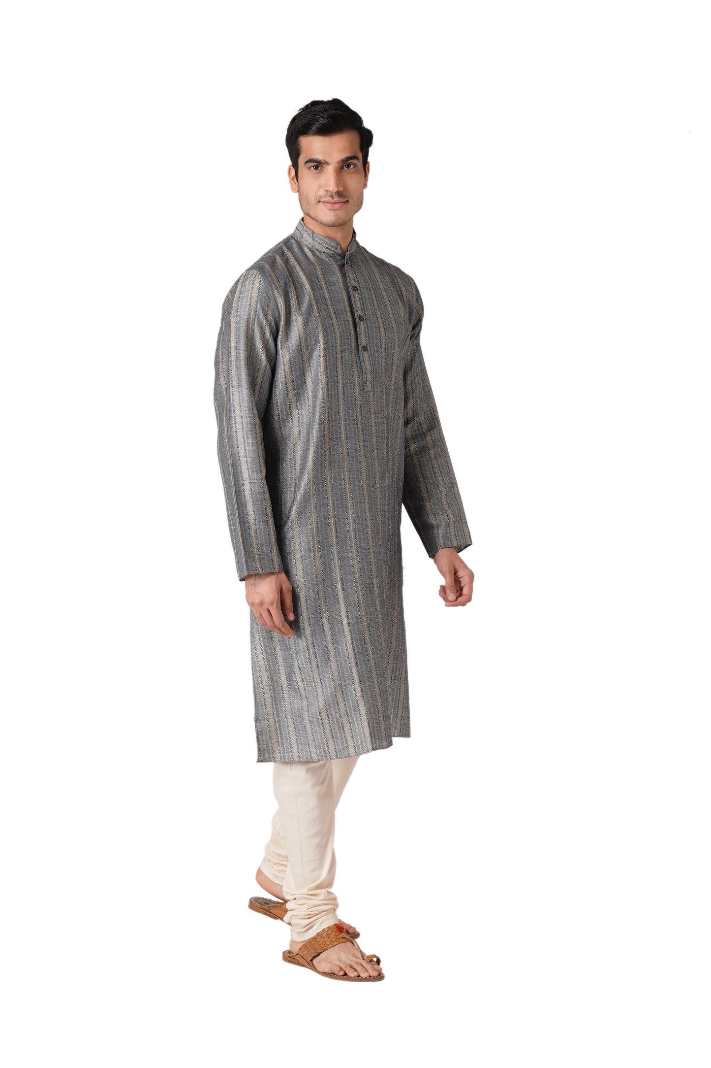 Full Sleeve Striped Kurta and Churidar Set in Blue Pure Cotton