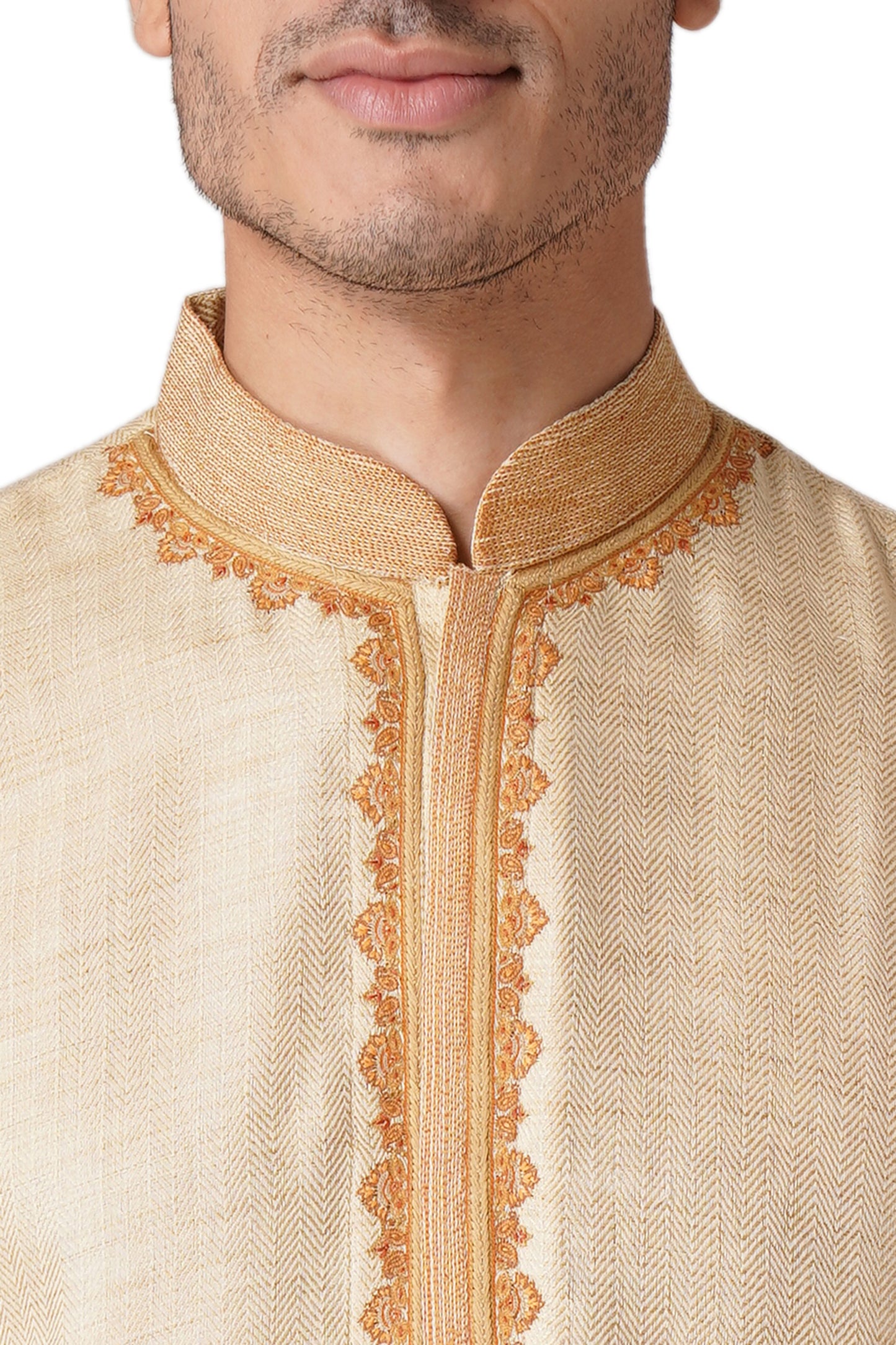 Full Sleeve Geometric Print Kurta and Churidar Set in Beige Pure Cotton