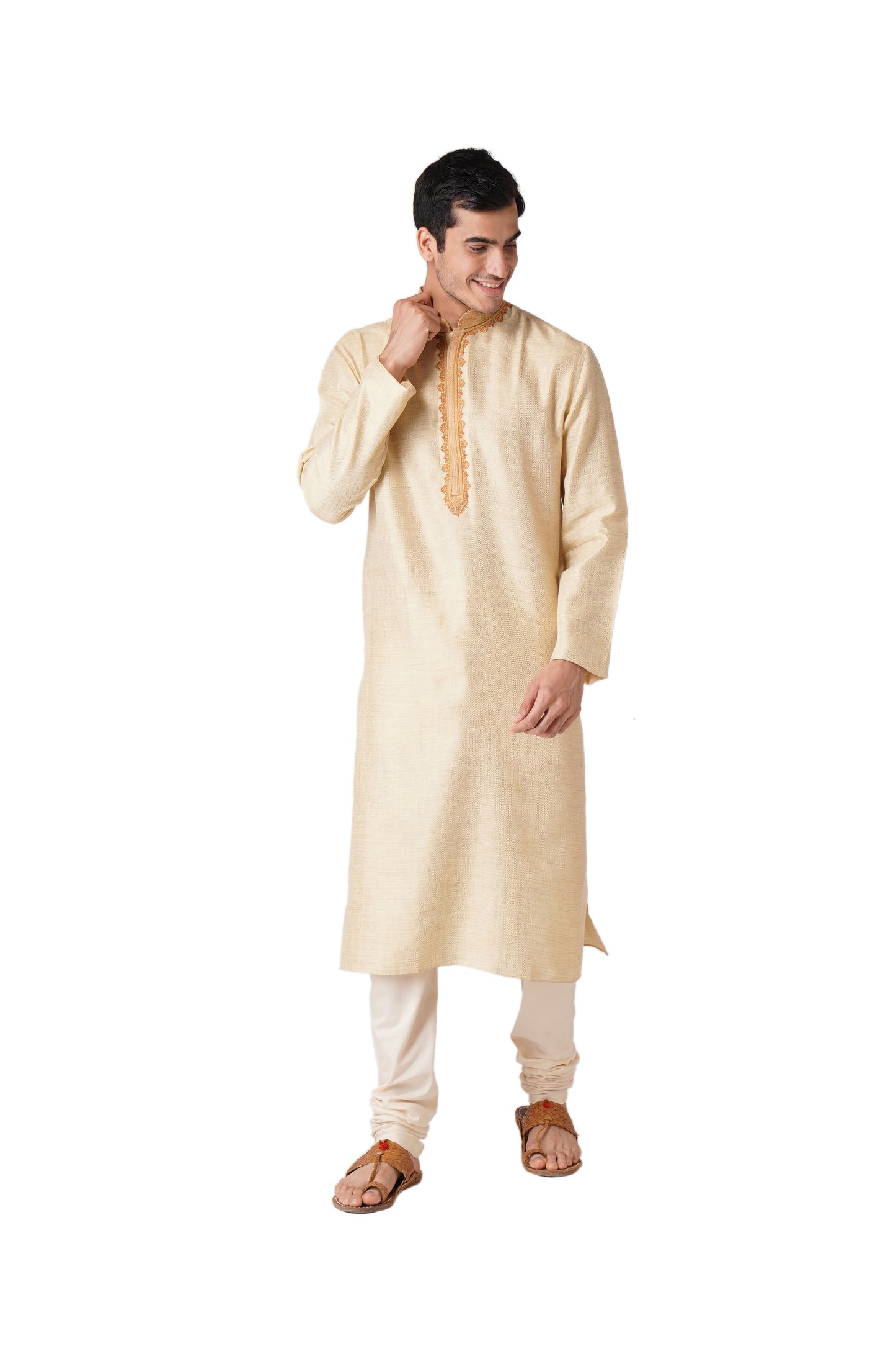 Full Sleeve Geometric Print Kurta and Churidar Set in Beige Pure Cotton