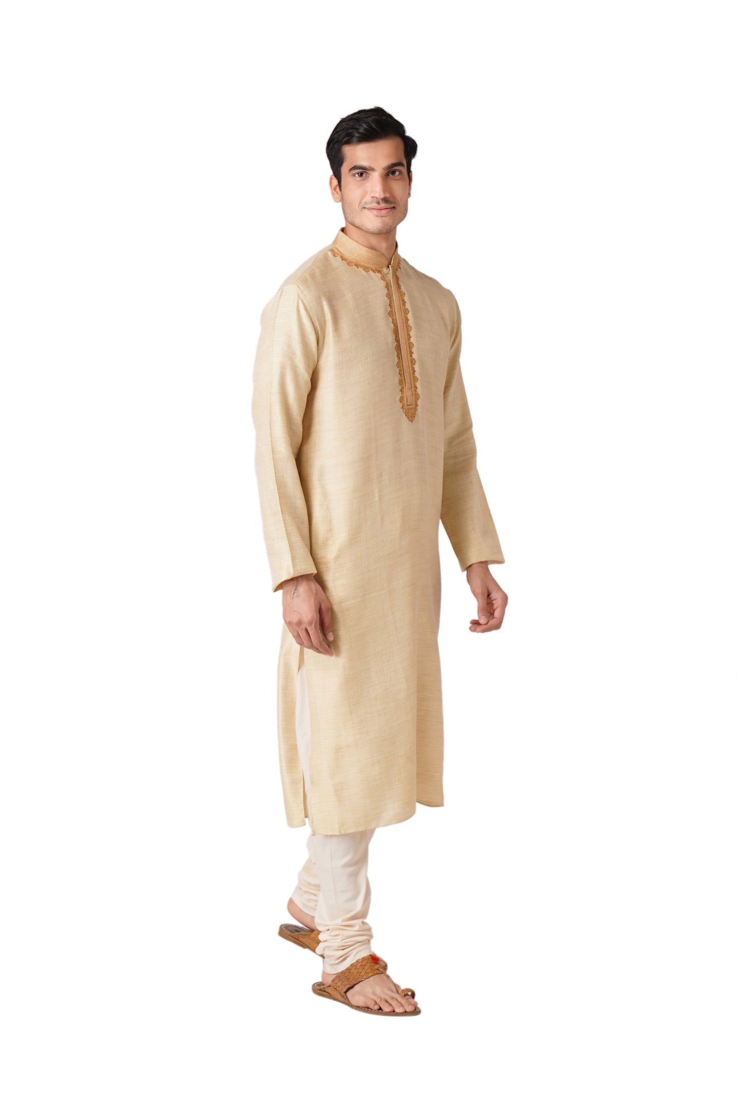 Full Sleeve Geometric Print Kurta and Churidar Set in Beige Pure Cotton