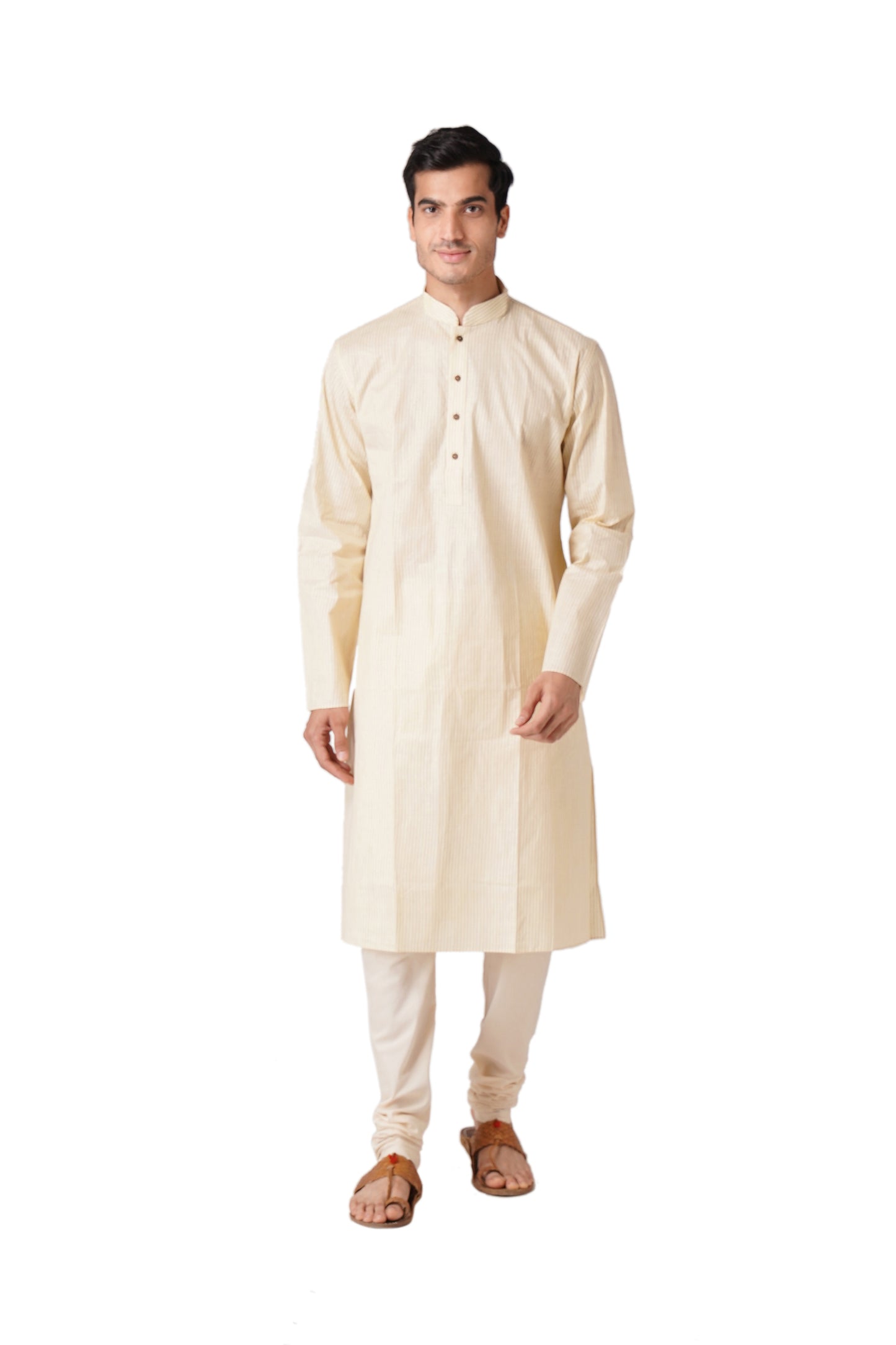 Full Sleeve Striped Kurta and Churidar Set in Beige Pure Cotton