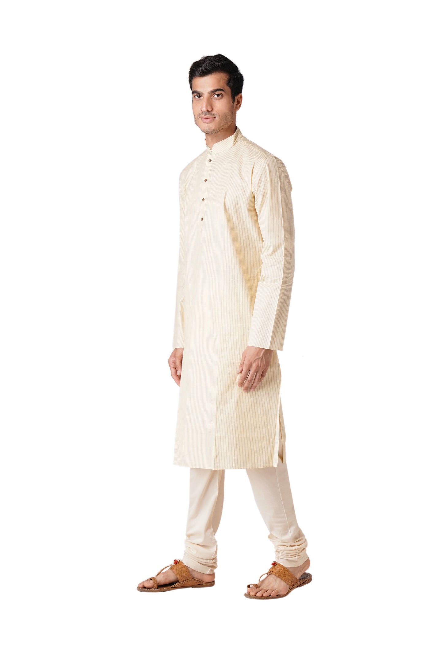Full Sleeve Striped Kurta and Churidar Set in Beige Pure Cotton