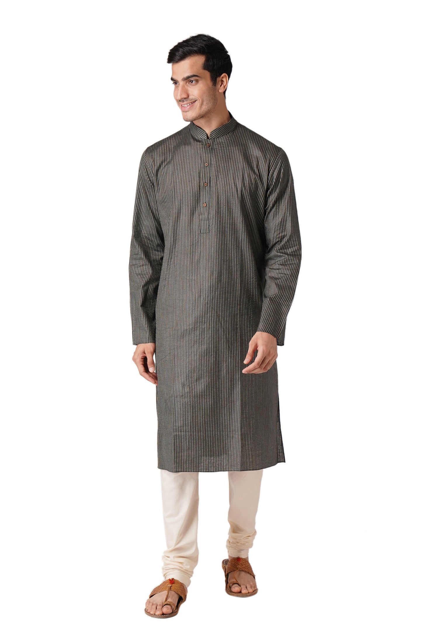 Full Sleeve Striped Kurta and Churidar Set in Black Pure Cotton