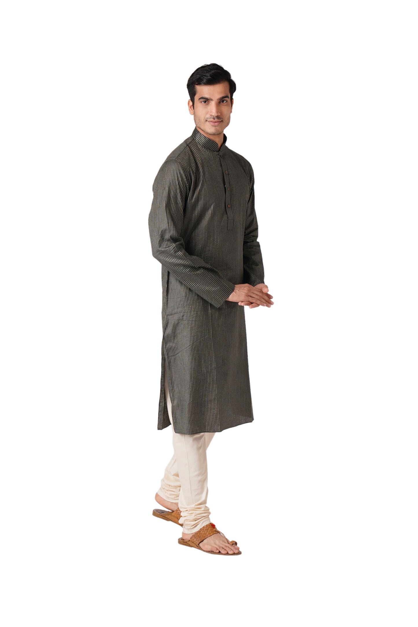 Full Sleeve Striped Kurta and Churidar Set in Black Pure Cotton