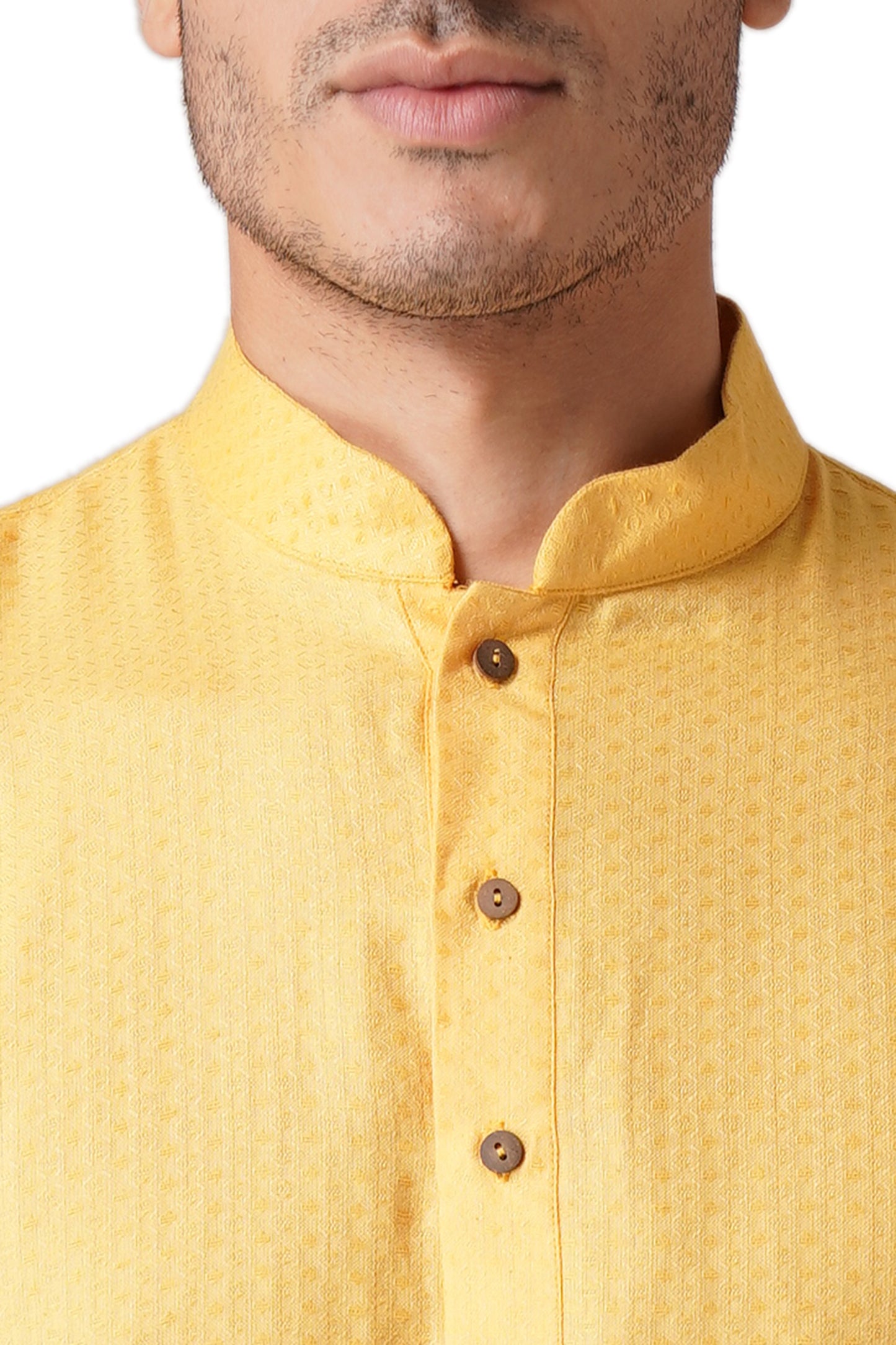 Full Sleeve Self Design Kurta and Churidar Set in Yellow Pure Cotton