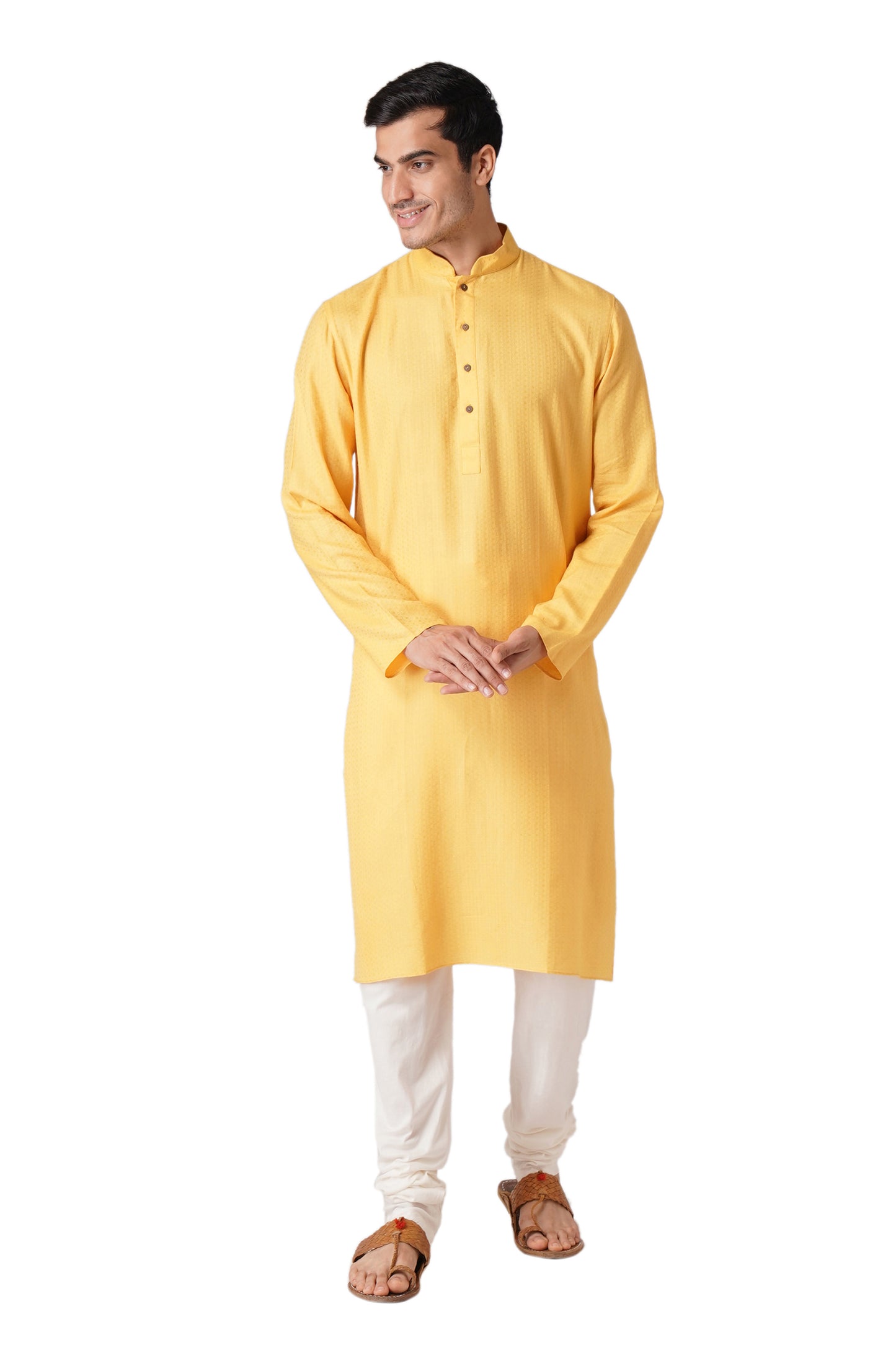 Full Sleeve Self Design Kurta and Churidar Set in Yellow Pure Cotton