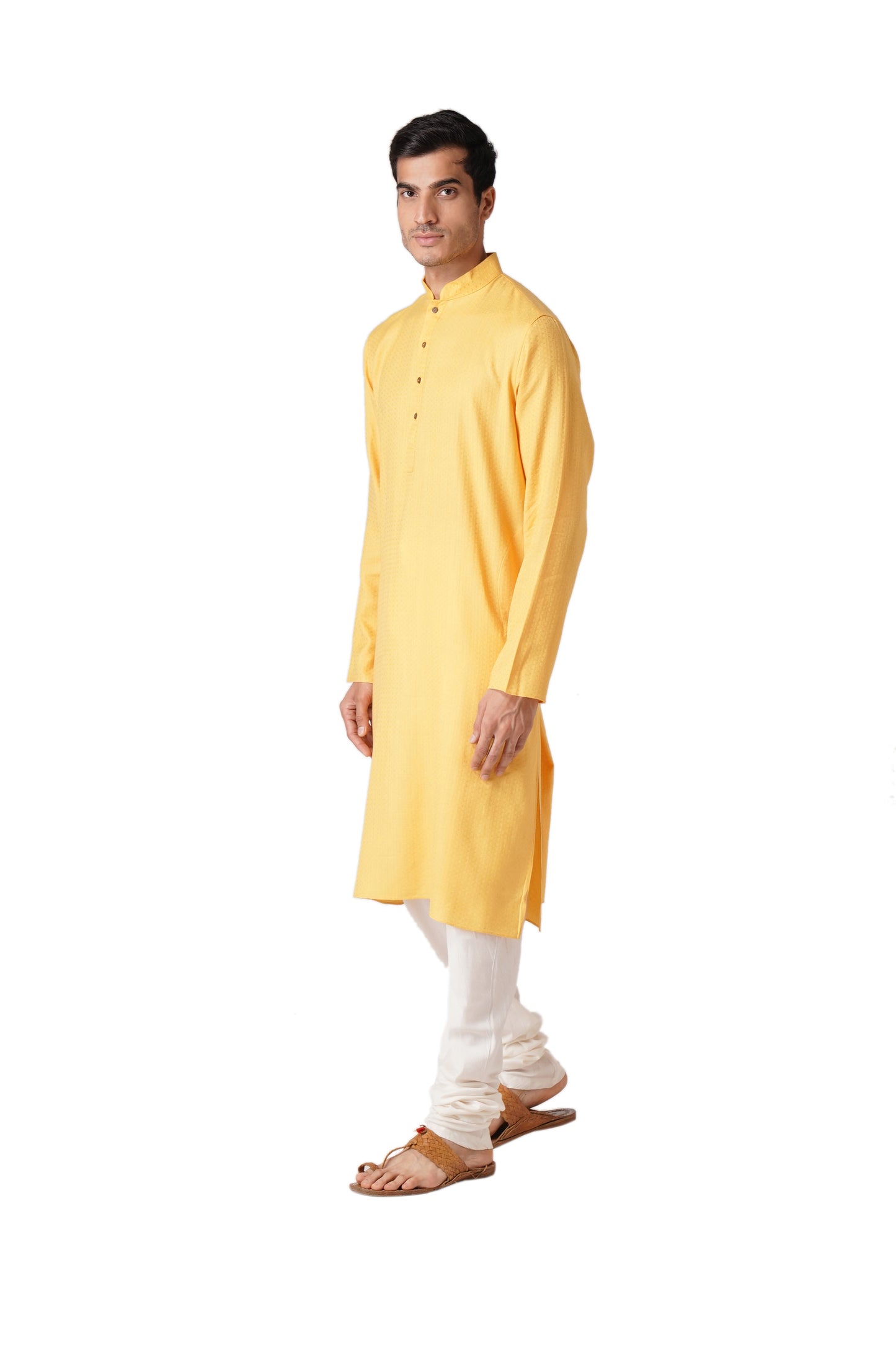 Full Sleeve Self Design Kurta and Churidar Set in Yellow Pure Cotton