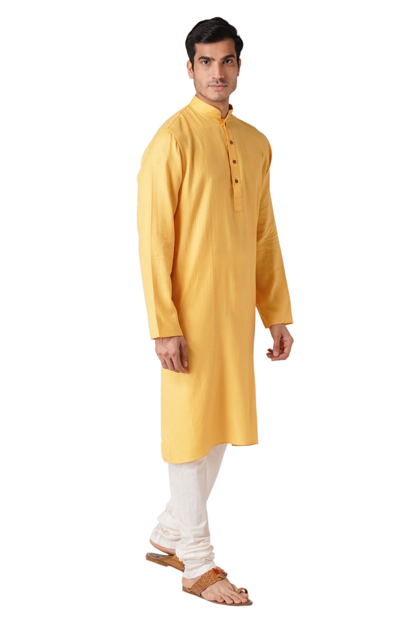 Full Sleeve Self Design Kurta and Churidar Set in Yellow Pure Cotton