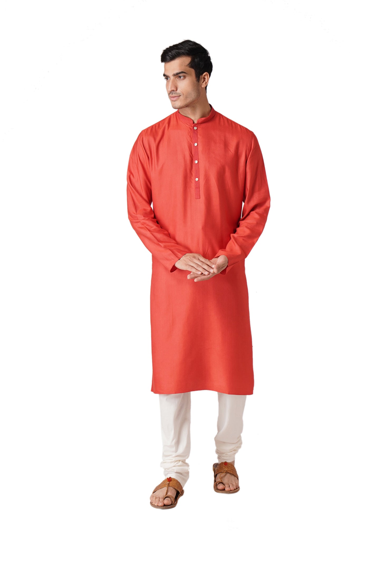Full Sleeve Solid Kurta and Churidar Set in Red Cotton Silk