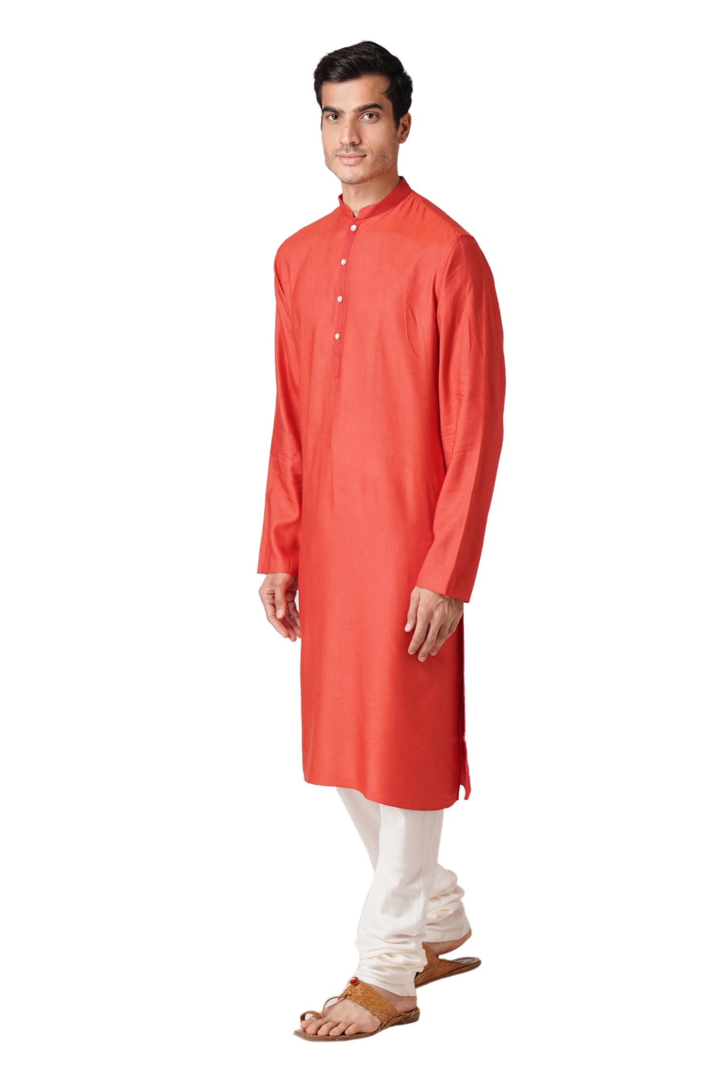 Full Sleeve Solid Kurta and Churidar Set in Red Cotton Silk