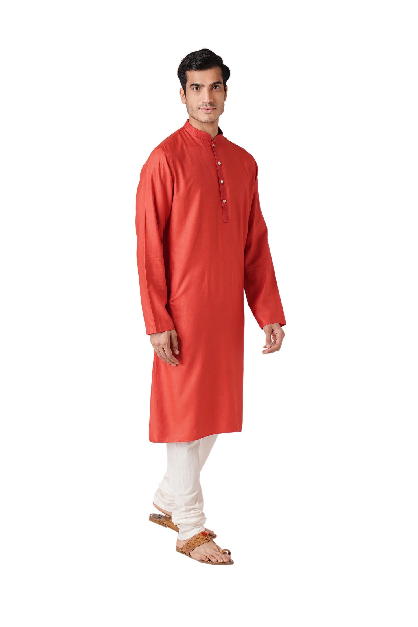 Full Sleeve Solid Kurta and Churidar Set in Red Cotton Silk