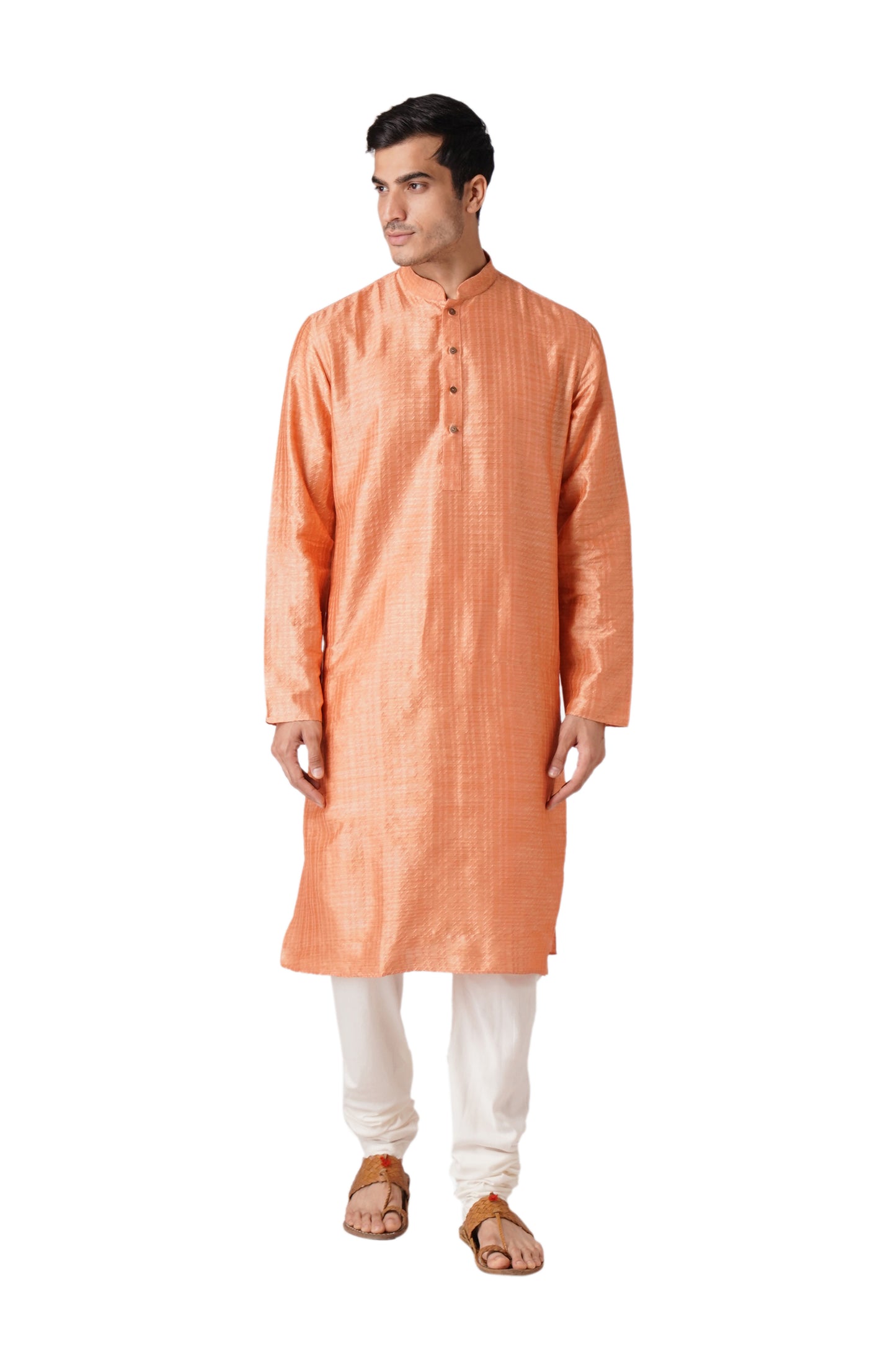 Full Sleeve Self Design Kurta and Churidar Set in Orange Pure Cotton