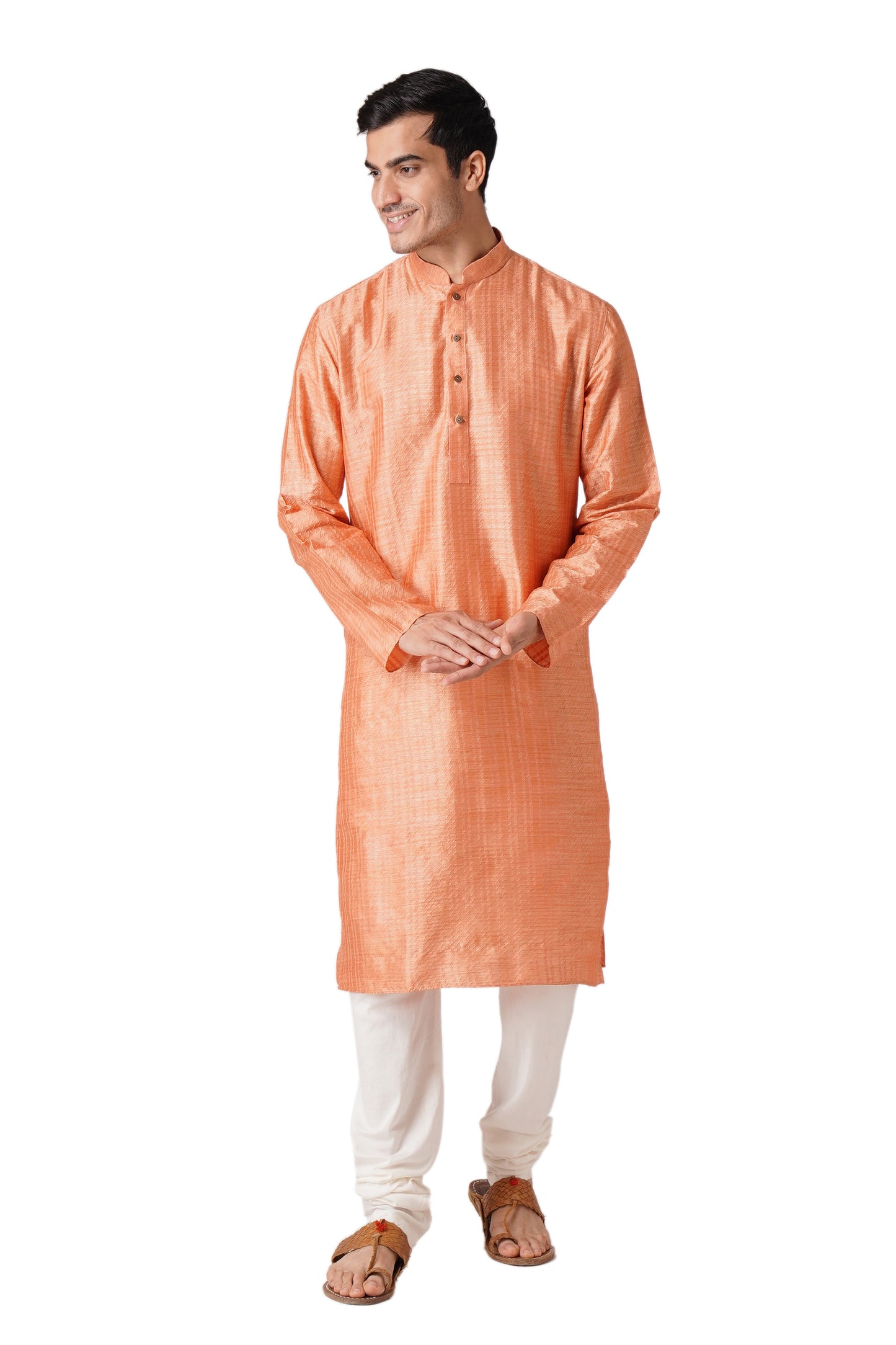 Full Sleeve Self Design Kurta and Churidar Set in Orange Pure Cotton
