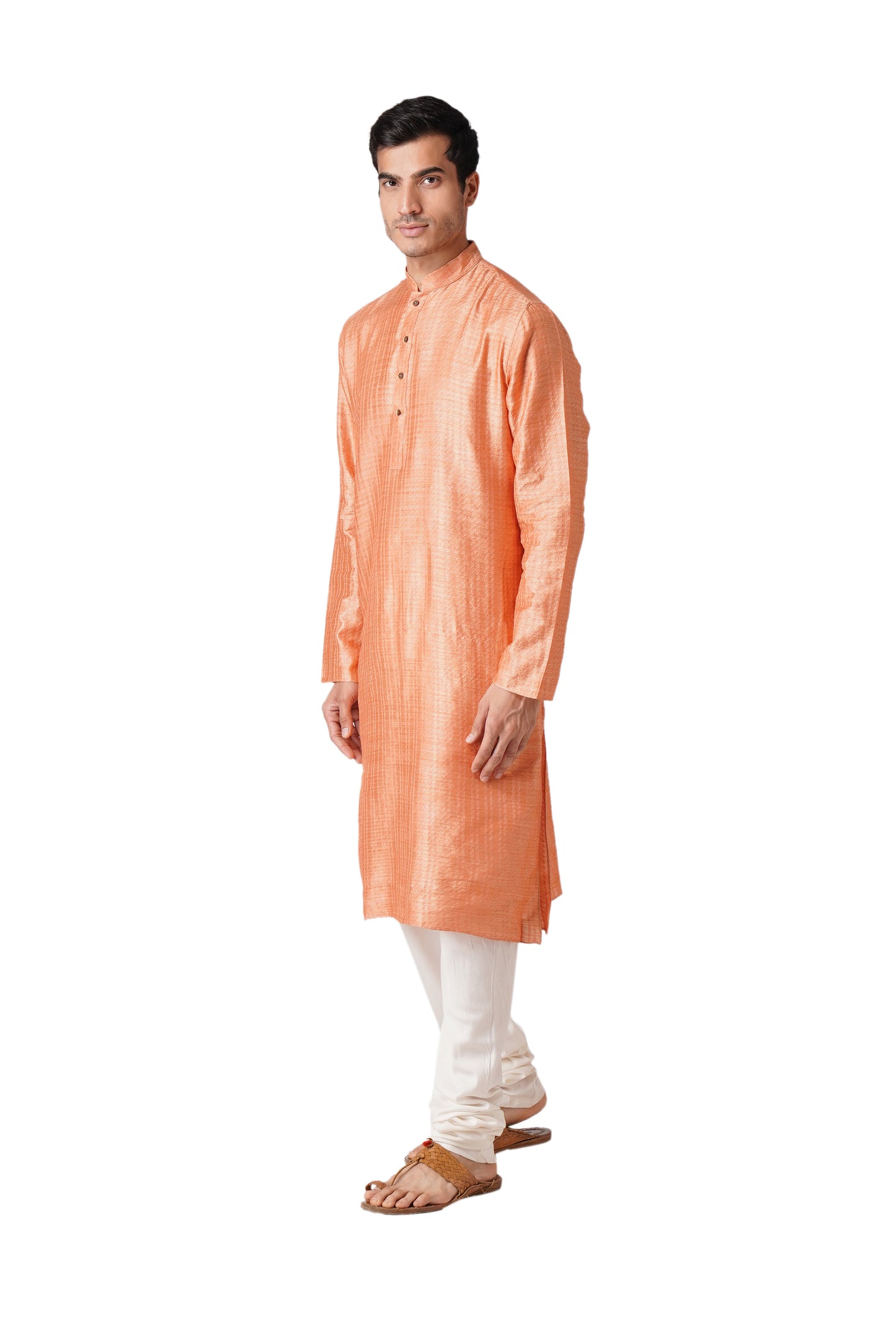 Full Sleeve Self Design Kurta and Churidar Set in Orange Pure Cotton