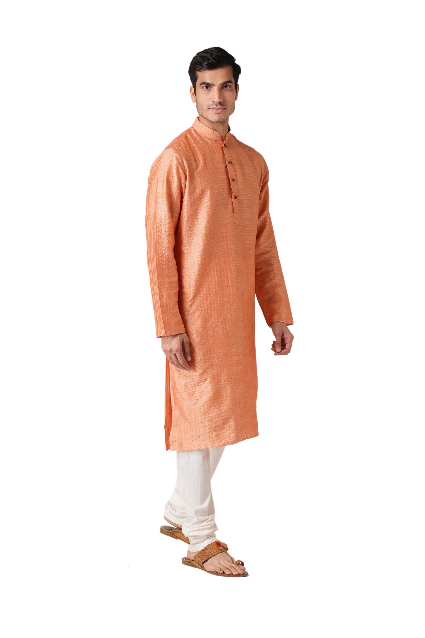 Full Sleeve Self Design Kurta and Churidar Set in Orange Pure Cotton