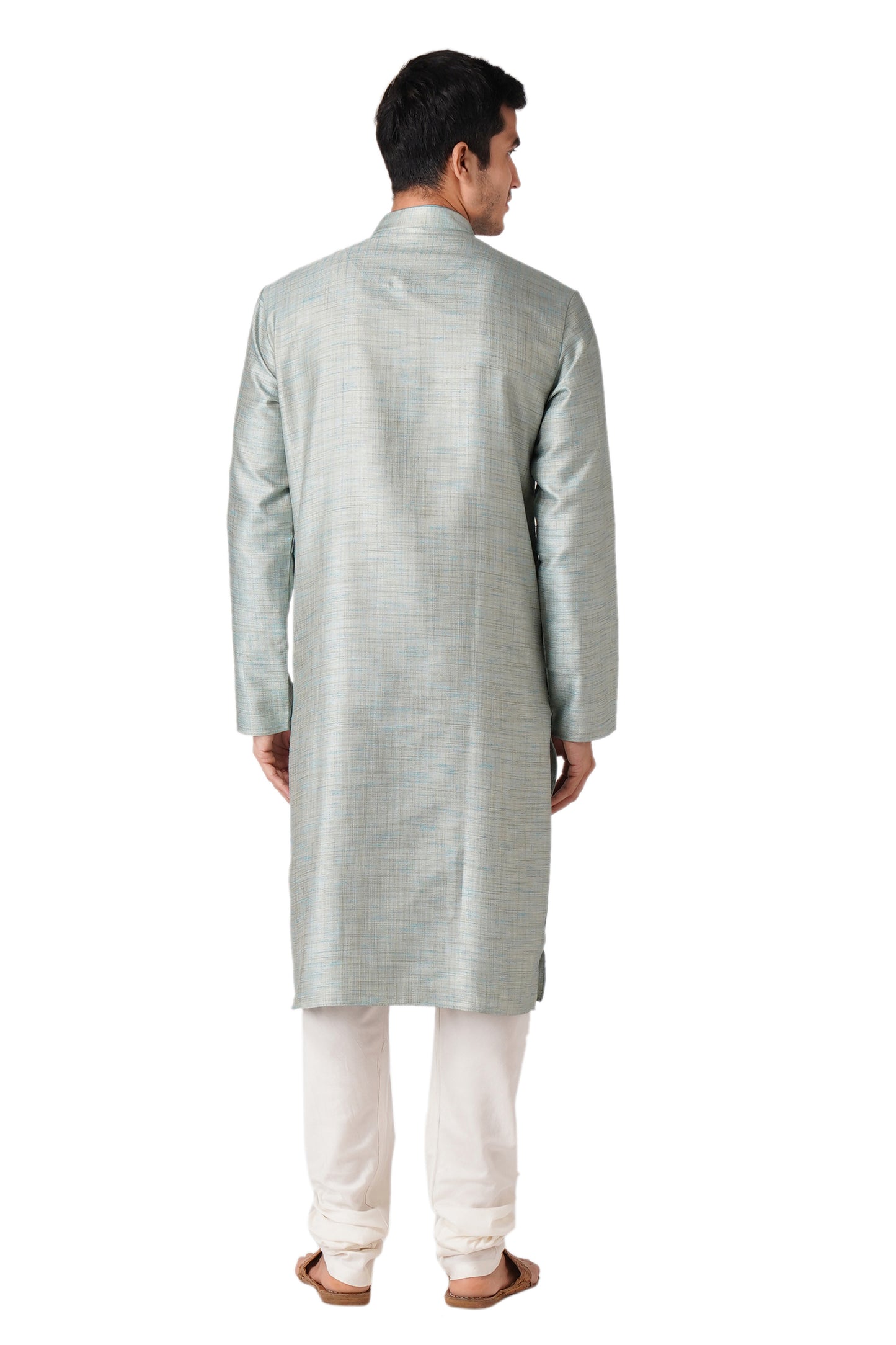 Full Sleeve Self Design Kurta and Churidar Set in Blue Cotton Blend