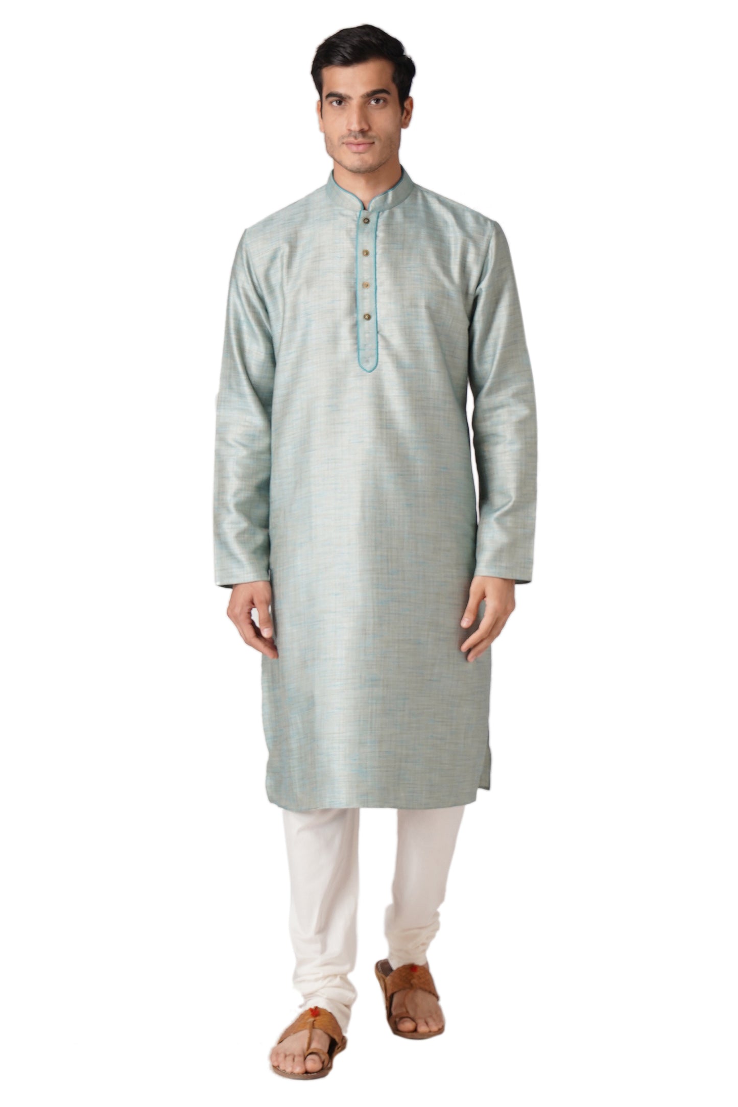 Full Sleeve Self Design Kurta and Churidar Set in Blue Cotton Blend