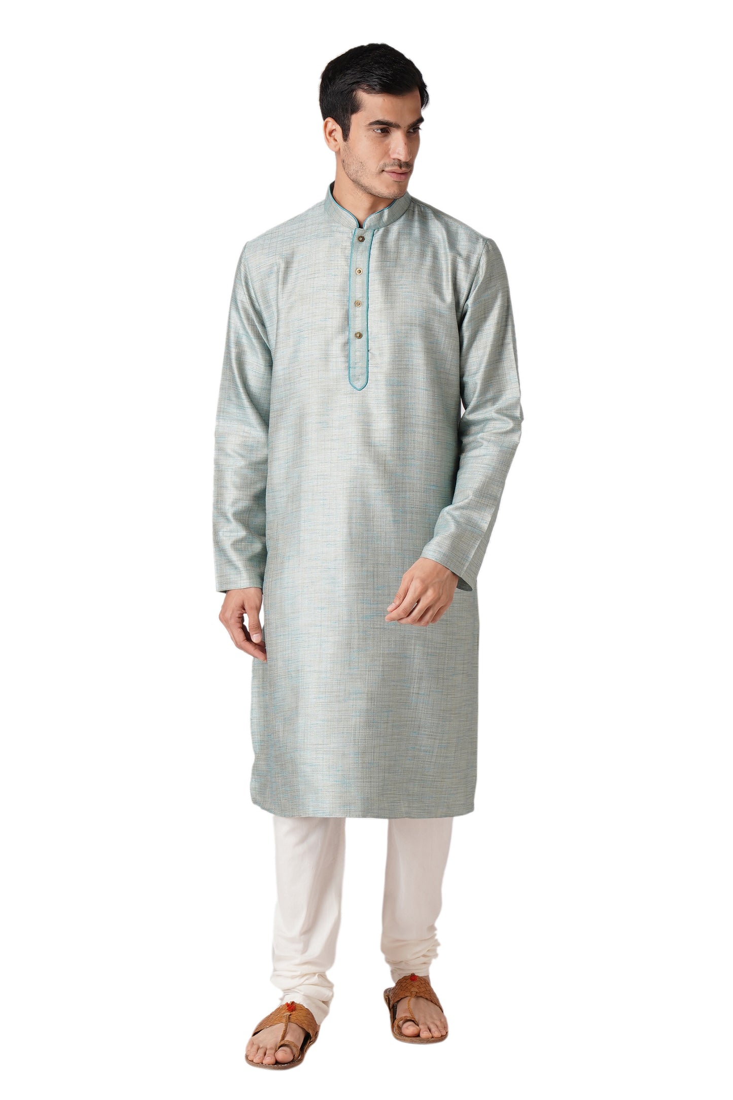 Full Sleeve Self Design Kurta and Churidar Set in Blue Cotton Blend