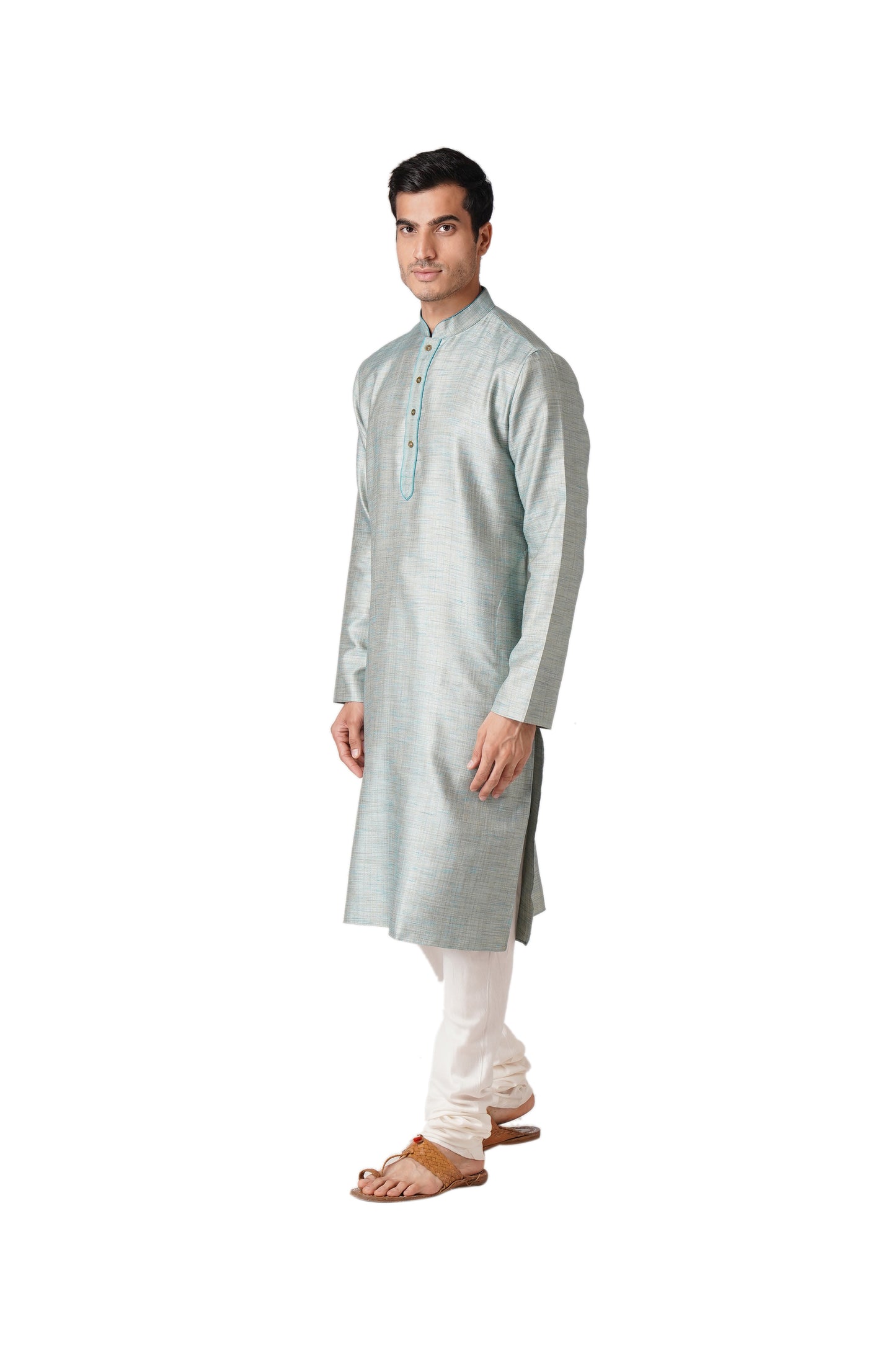 Full Sleeve Self Design Kurta and Churidar Set in Blue Cotton Blend