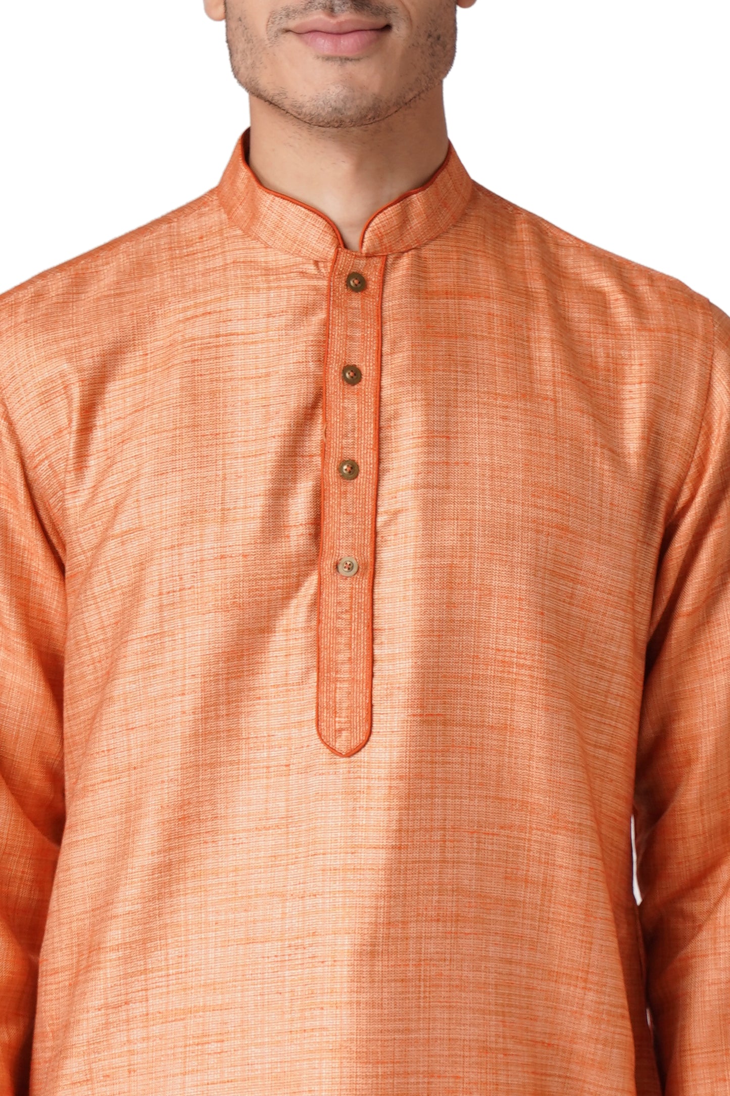 Full Sleeve Self Design Kurta and Churidar Set in Orange Cotton Blend