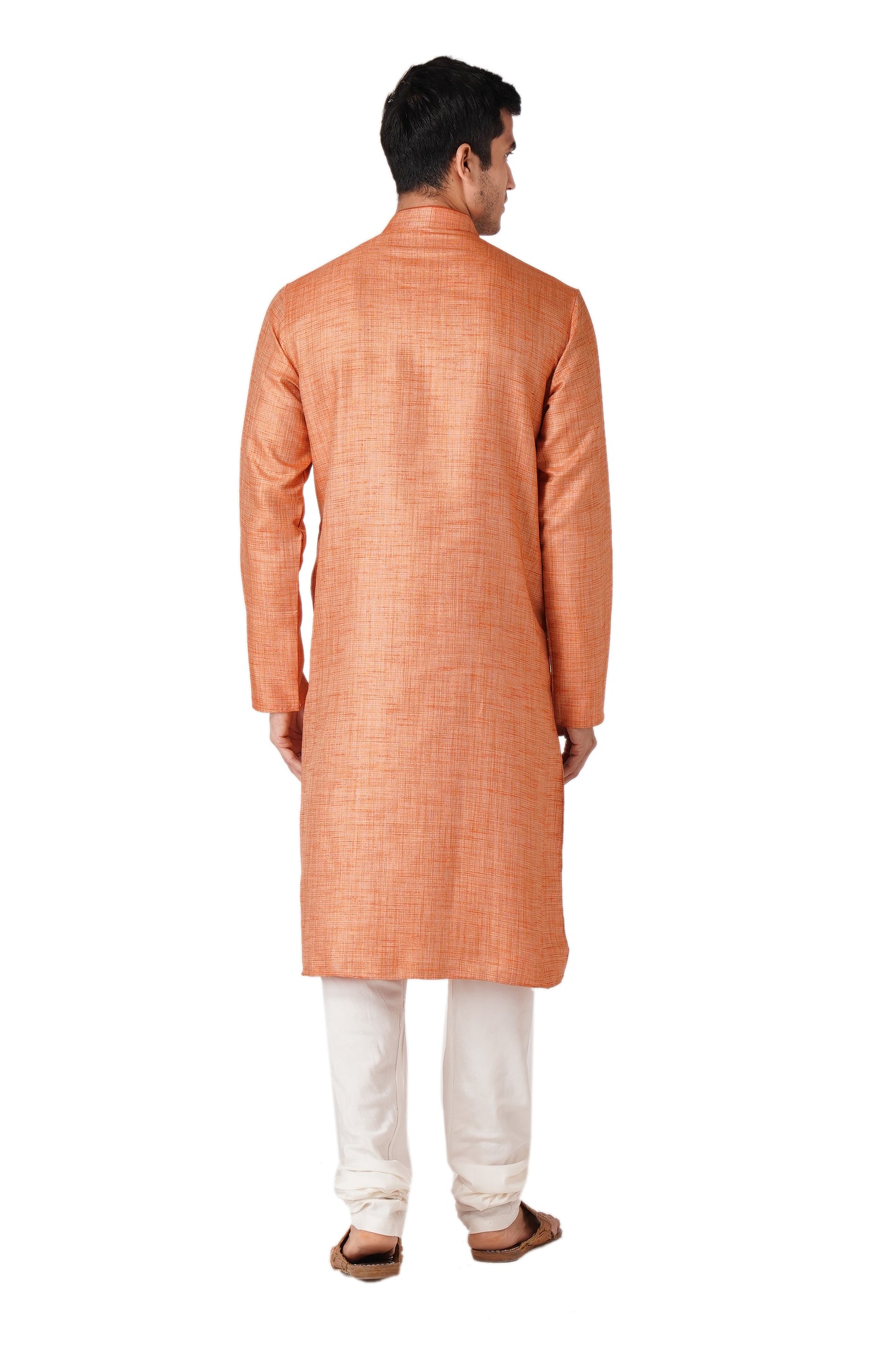 Full Sleeve Self Design Kurta and Churidar Set in Orange Cotton Blend