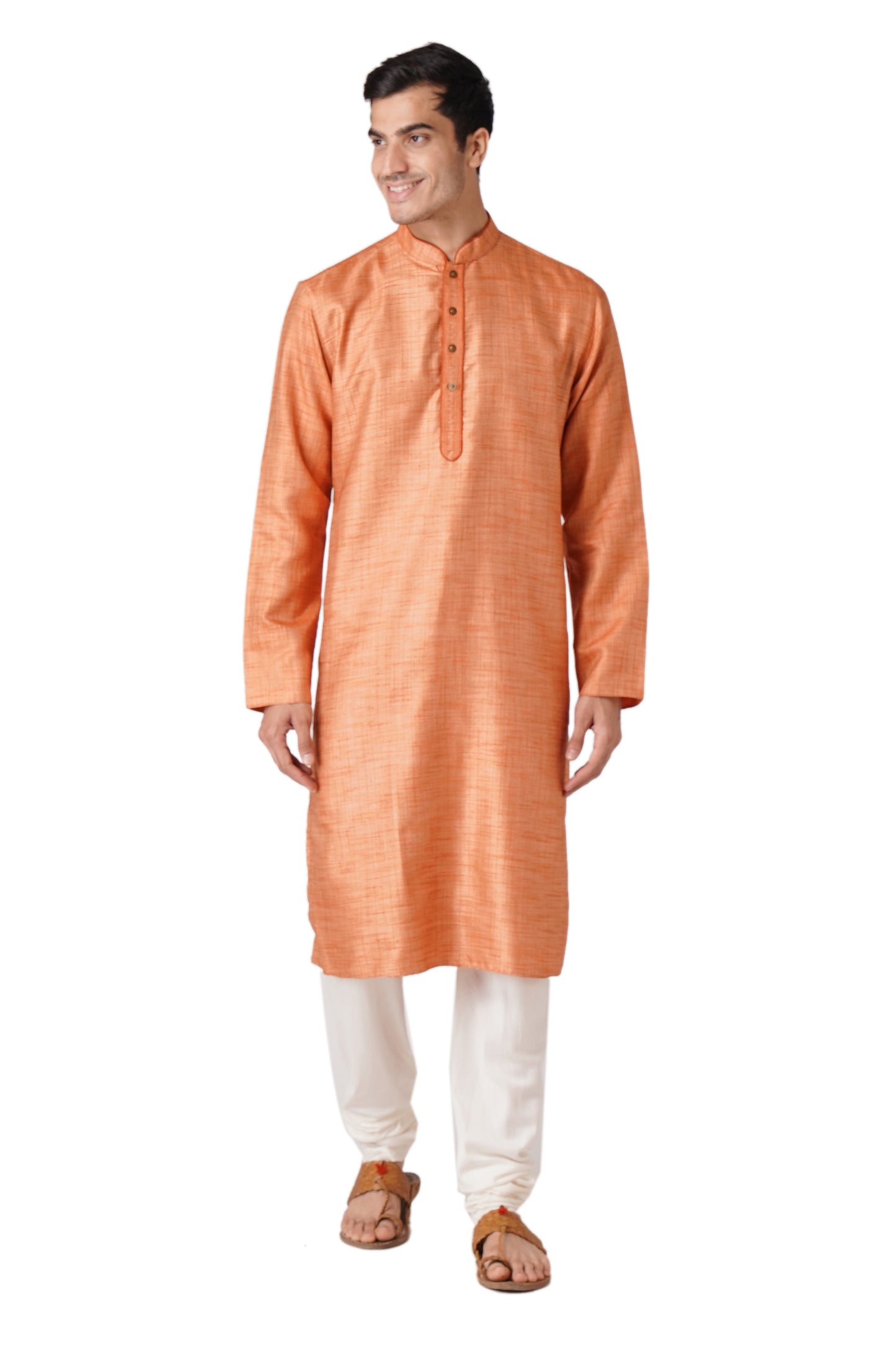 Full Sleeve Self Design Kurta and Churidar Set in Orange Cotton Blend