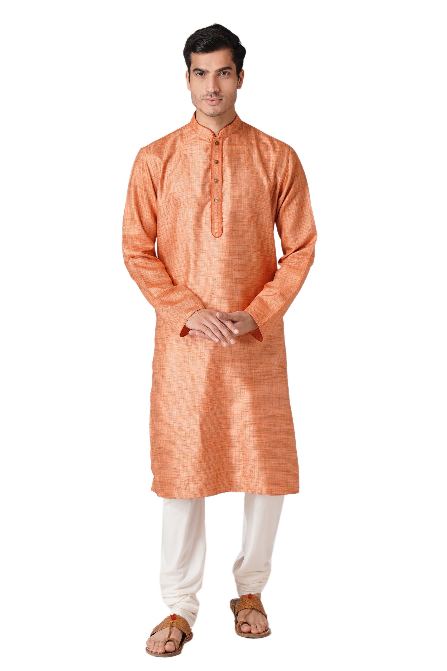 Full Sleeve Self Design Kurta and Churidar Set in Orange Cotton Blend