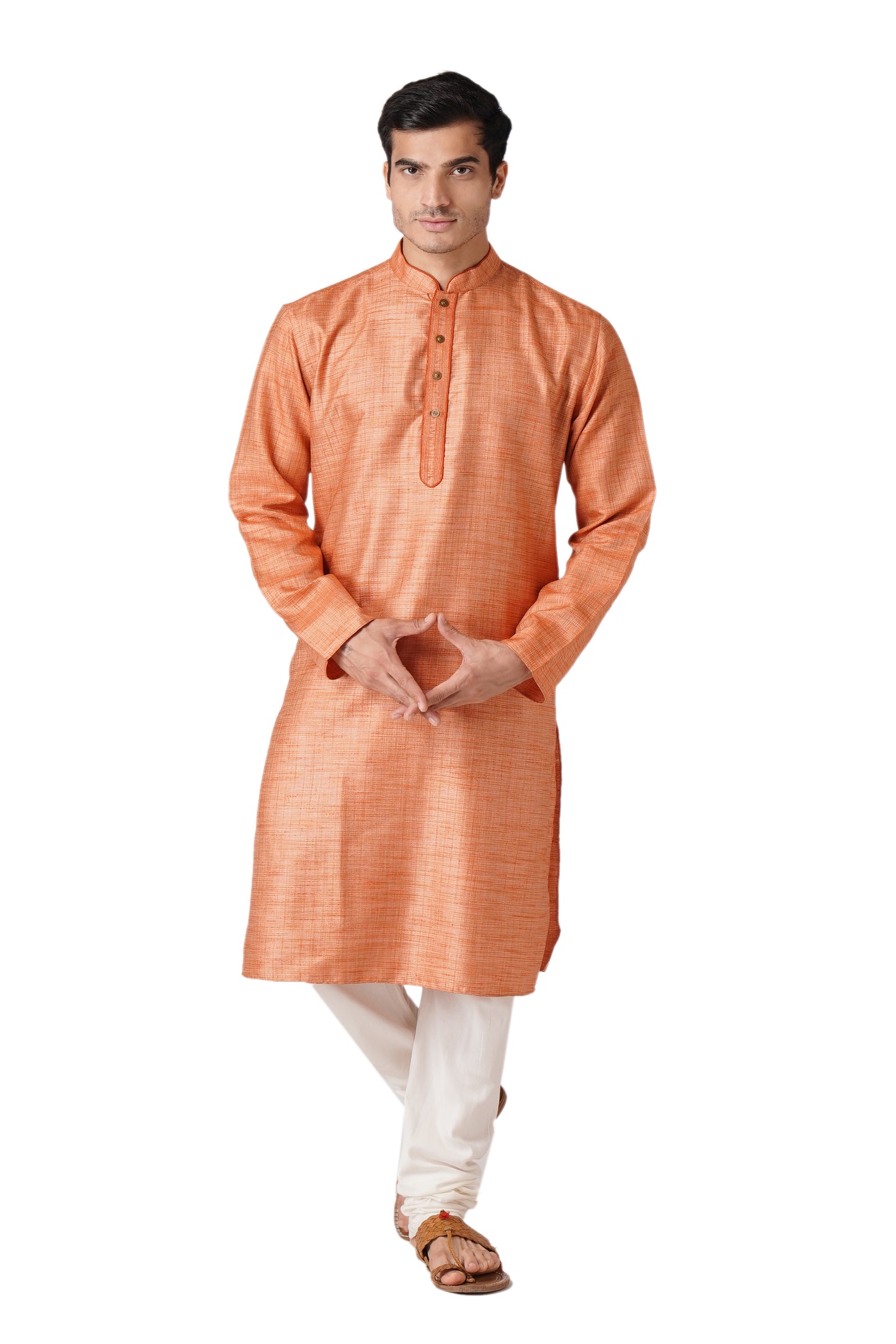 Full Sleeve Self Design Kurta and Churidar Set in Orange Cotton Blend