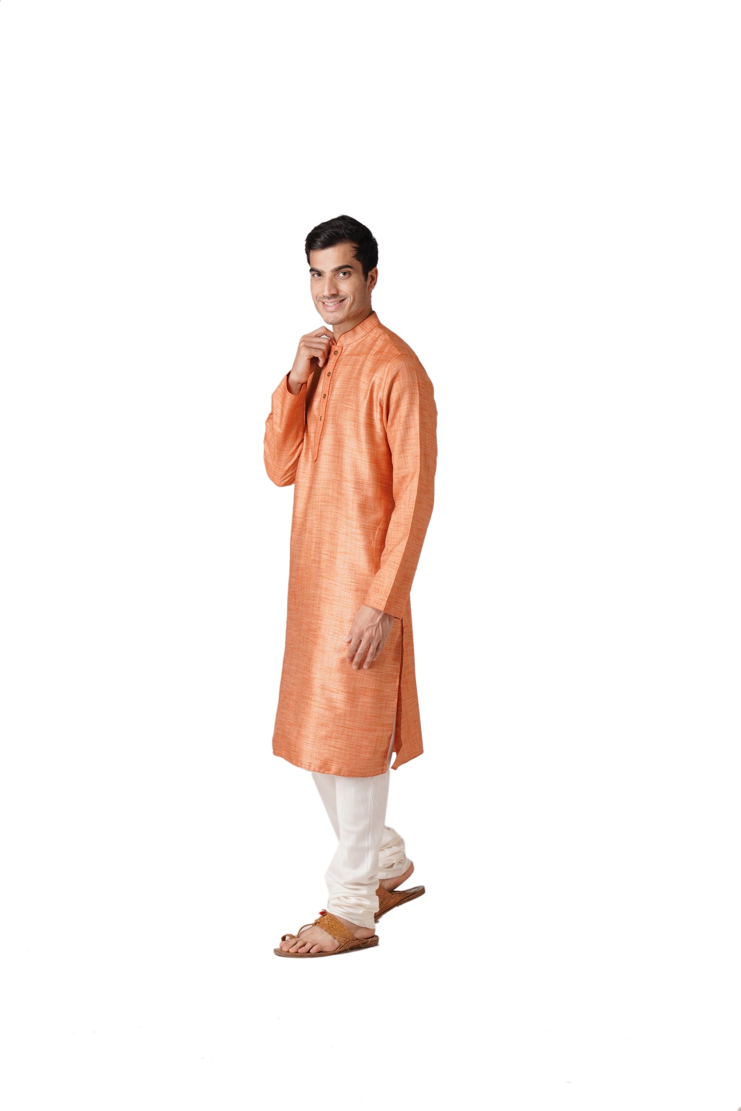Full Sleeve Self Design Kurta and Churidar Set in Orange Cotton Blend