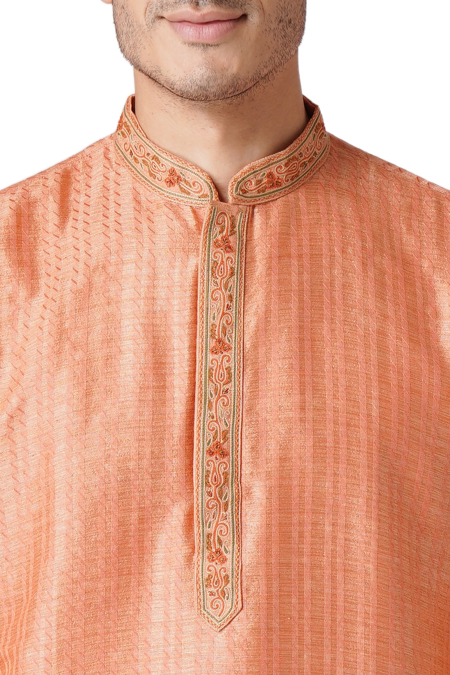 Full Sleeve Self Design Kurta and Churidar Set in Orange Pure Cotton