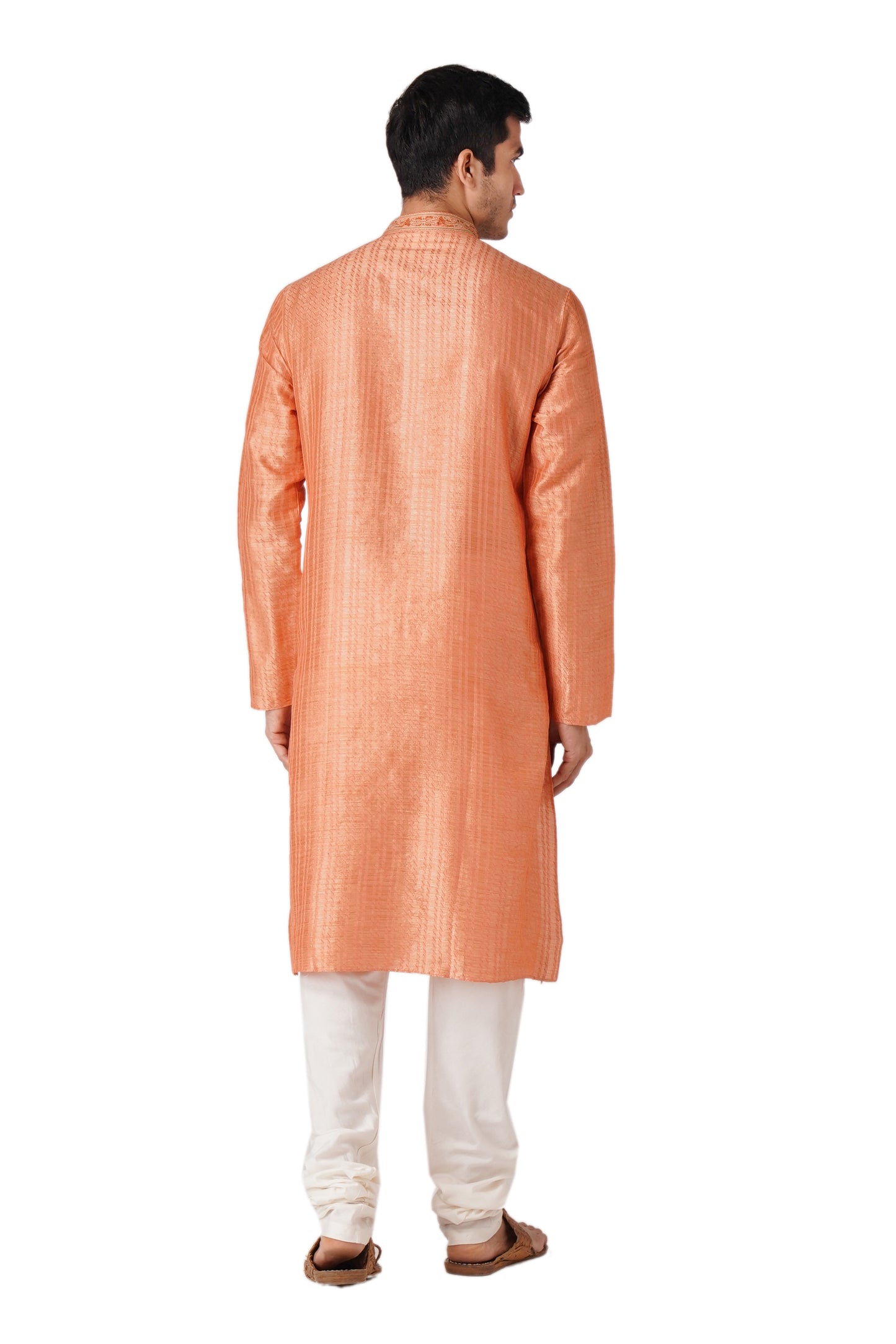 Full Sleeve Self Design Kurta and Churidar Set in Orange Pure Cotton