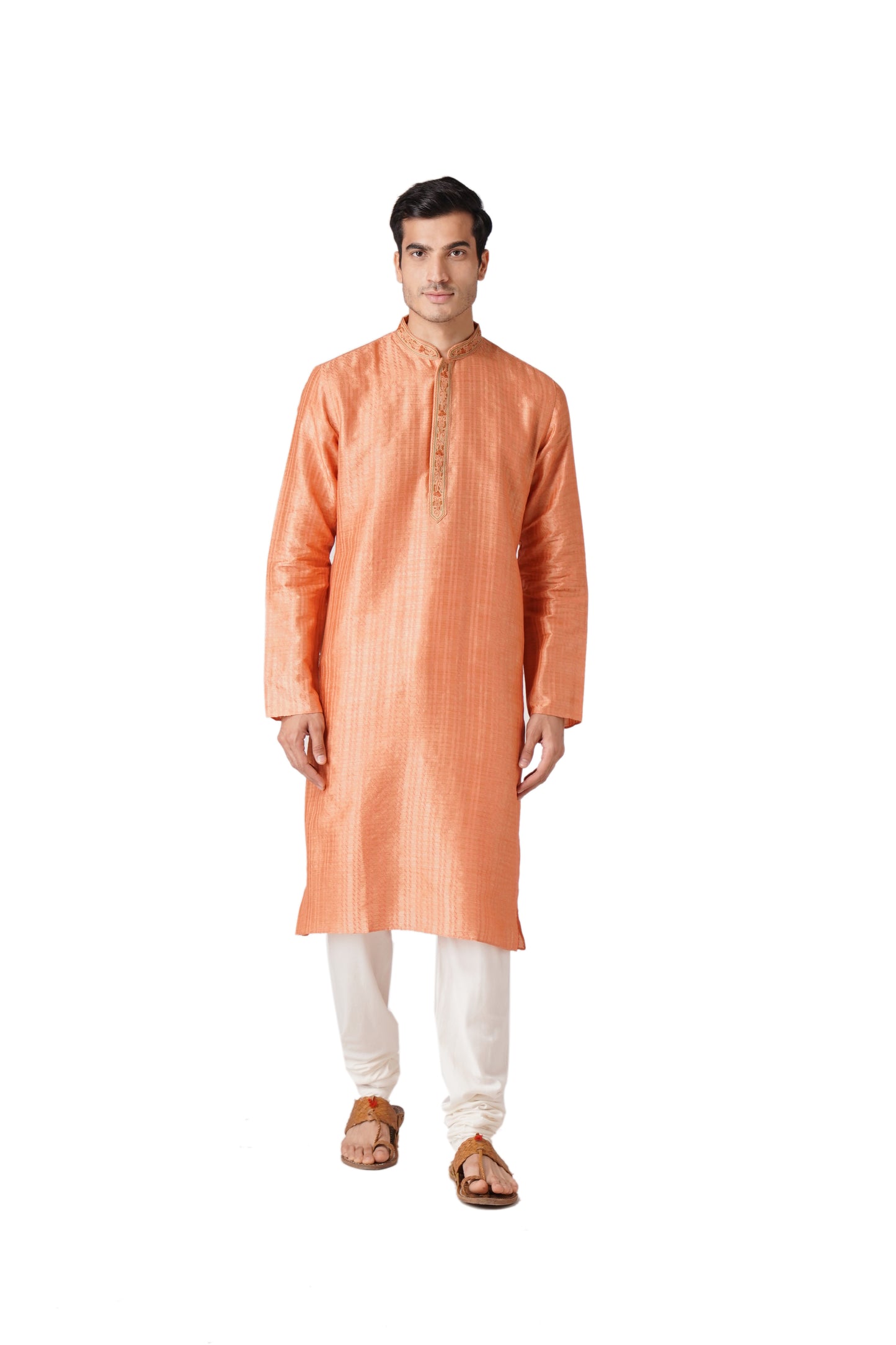 Full Sleeve Self Design Kurta and Churidar Set in Orange Pure Cotton