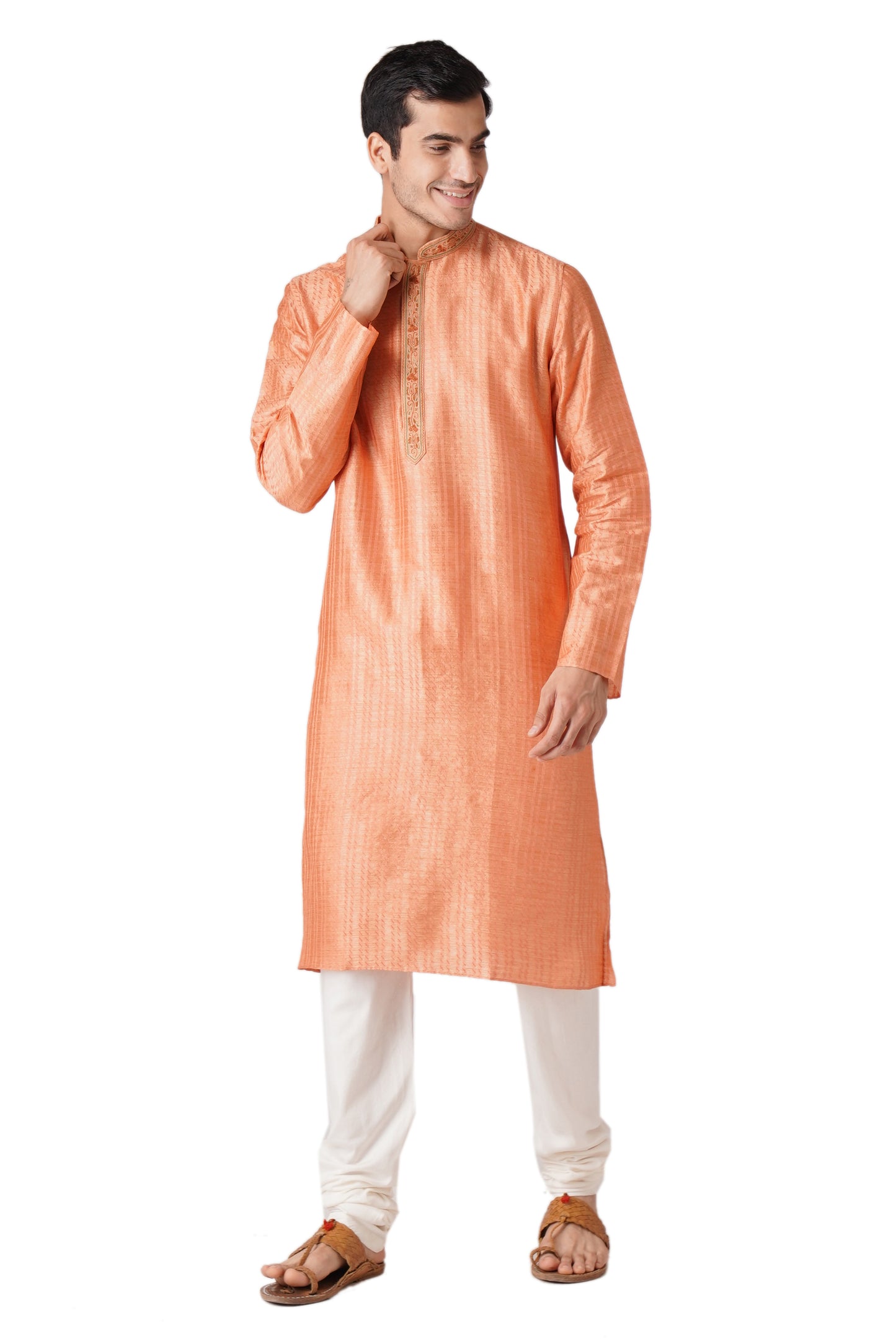 Full Sleeve Self Design Kurta and Churidar Set in Orange Pure Cotton