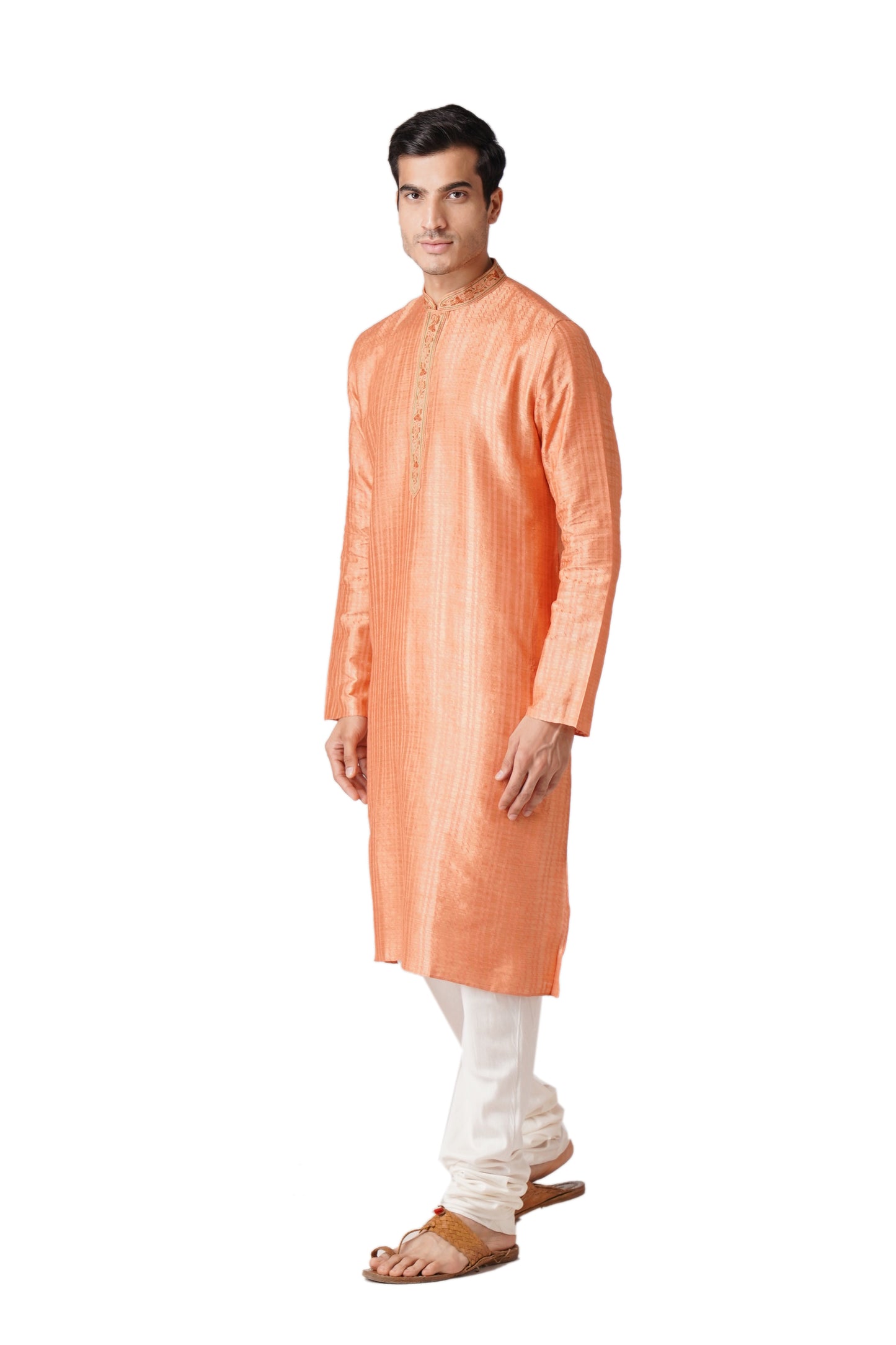 Full Sleeve Self Design Kurta and Churidar Set in Orange Pure Cotton