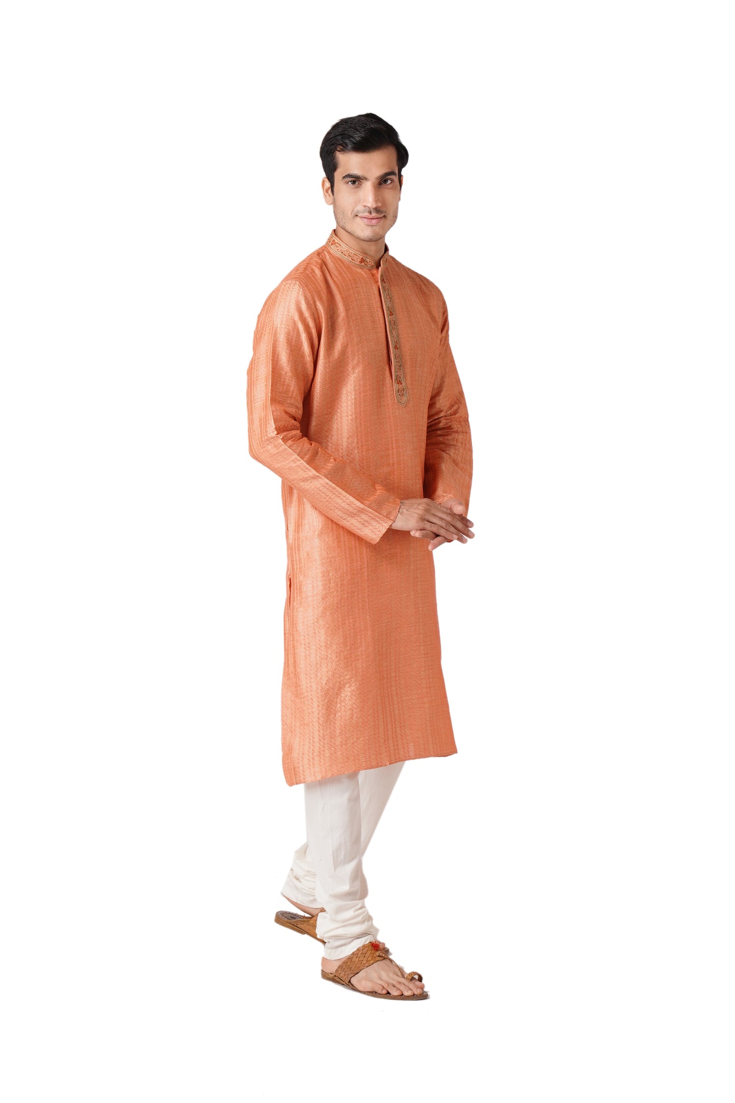 Full Sleeve Self Design Kurta and Churidar Set in Orange Pure Cotton