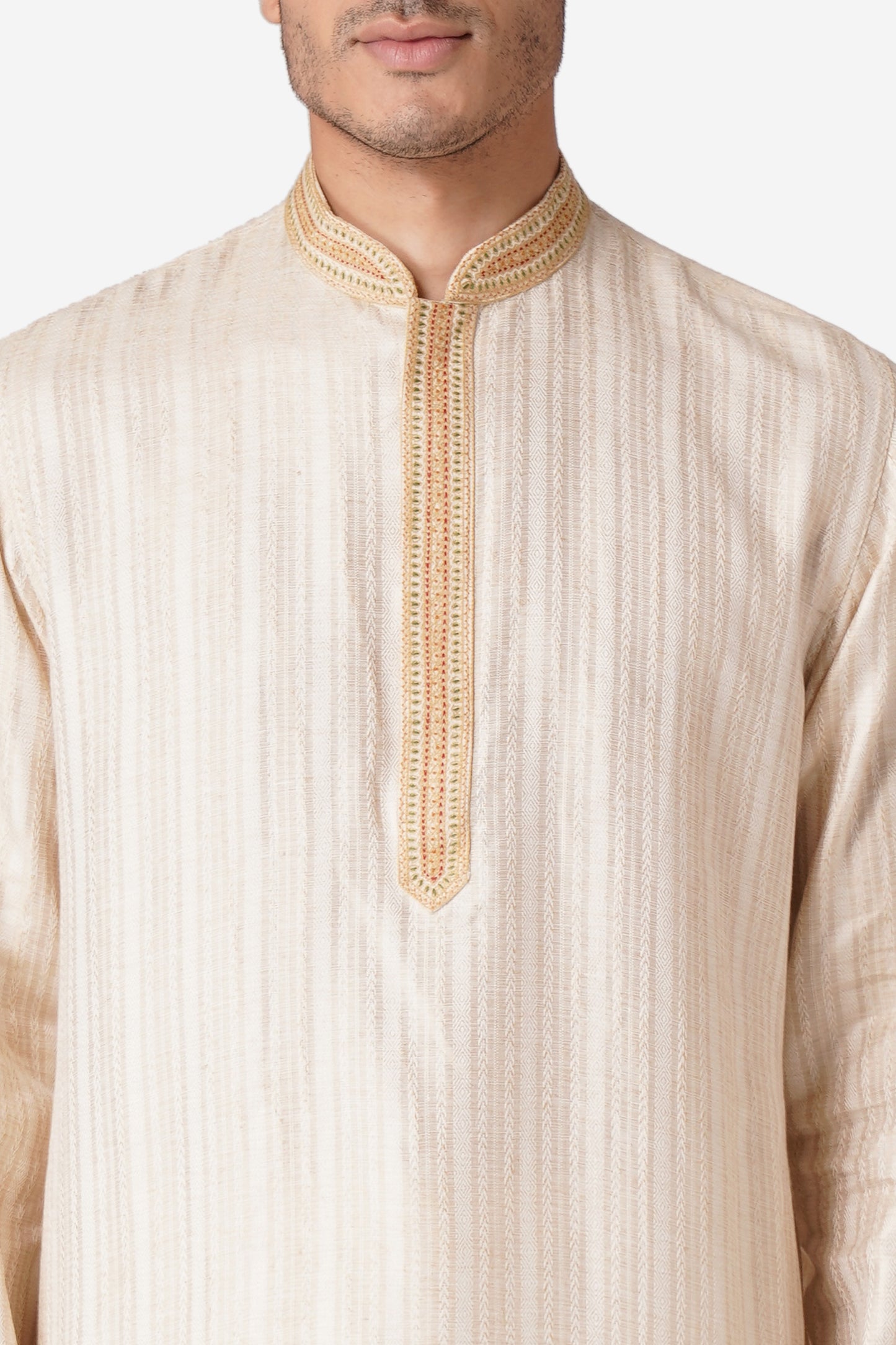 Full Sleeve Self Design Kurta and Churidar Set in Beige Pure Cotton