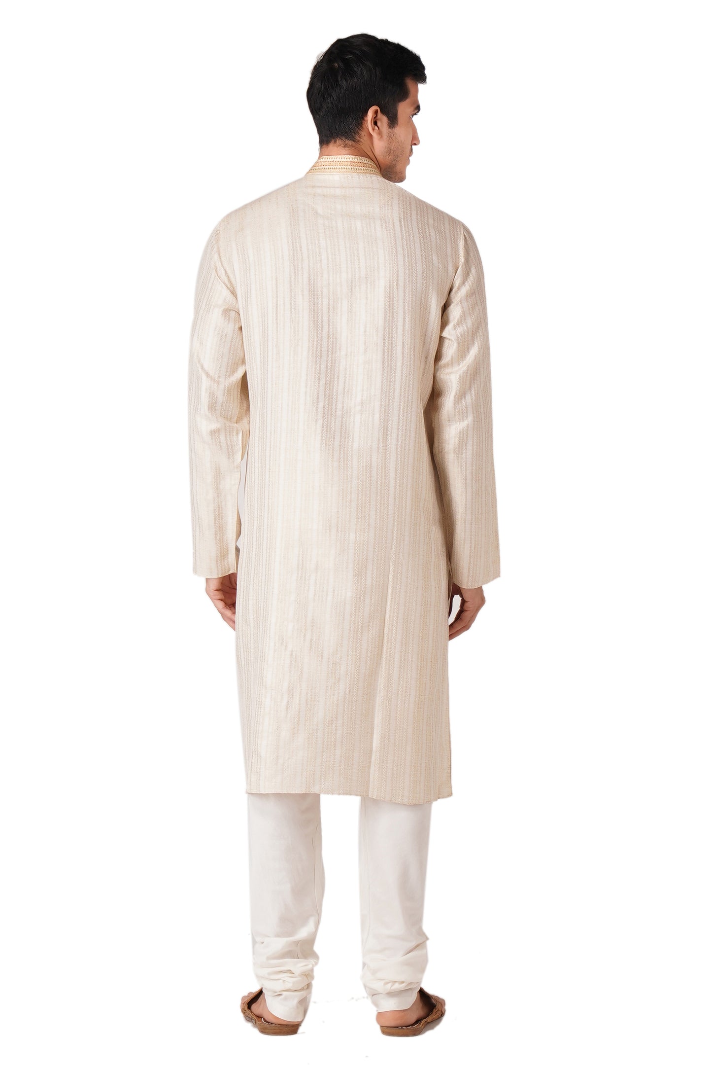 Full Sleeve Self Design Kurta and Churidar Set in Beige Pure Cotton