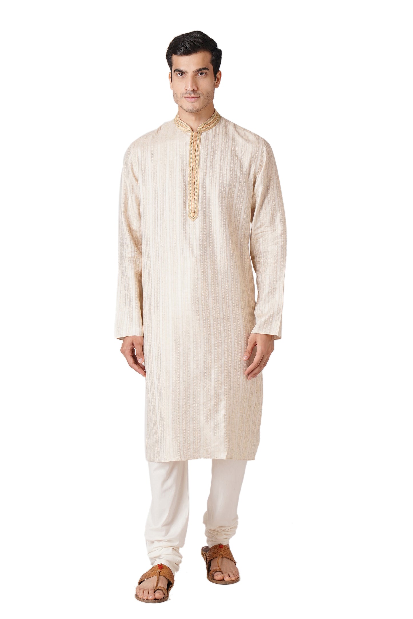 Full Sleeve Self Design Kurta and Churidar Set in Beige Pure Cotton