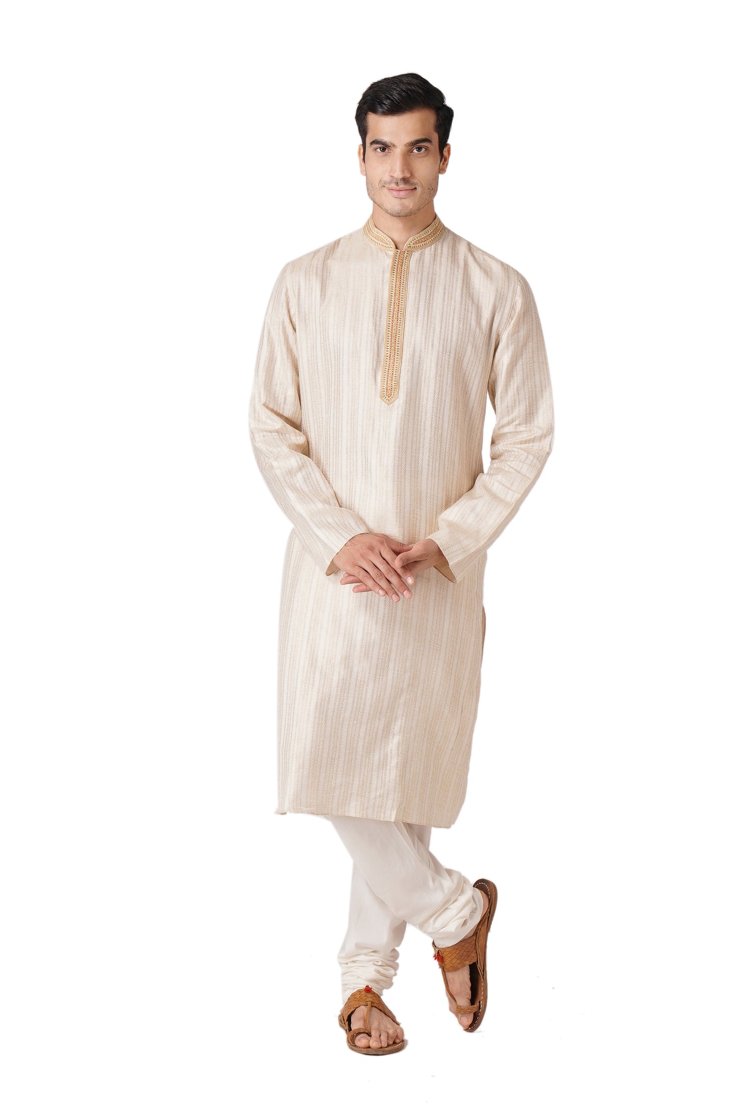 Full Sleeve Self Design Kurta and Churidar Set in Beige Pure Cotton