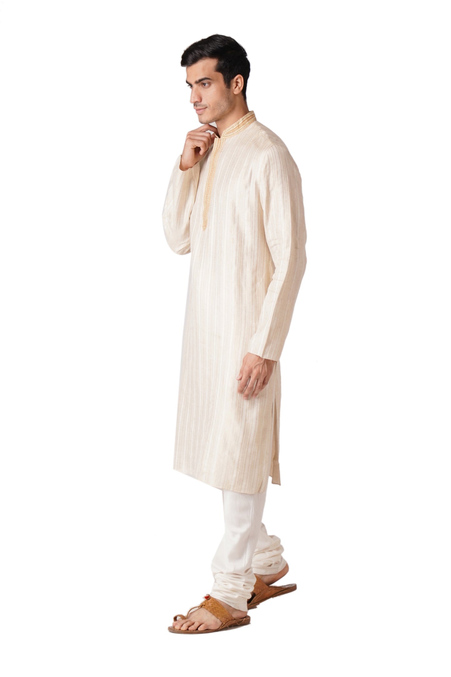 Full Sleeve Self Design Kurta and Churidar Set in Beige Pure Cotton