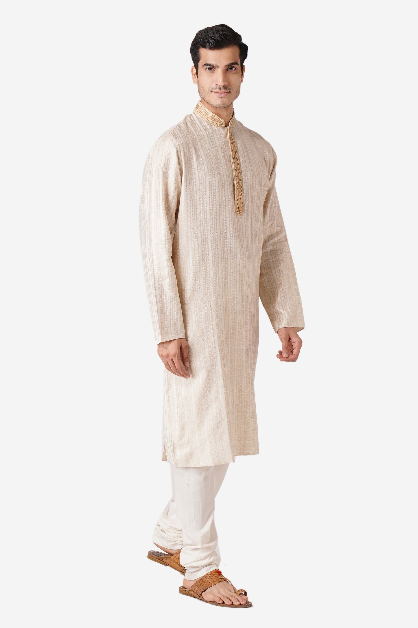 Full Sleeve Self Design Kurta and Churidar Set in Beige Pure Cotton