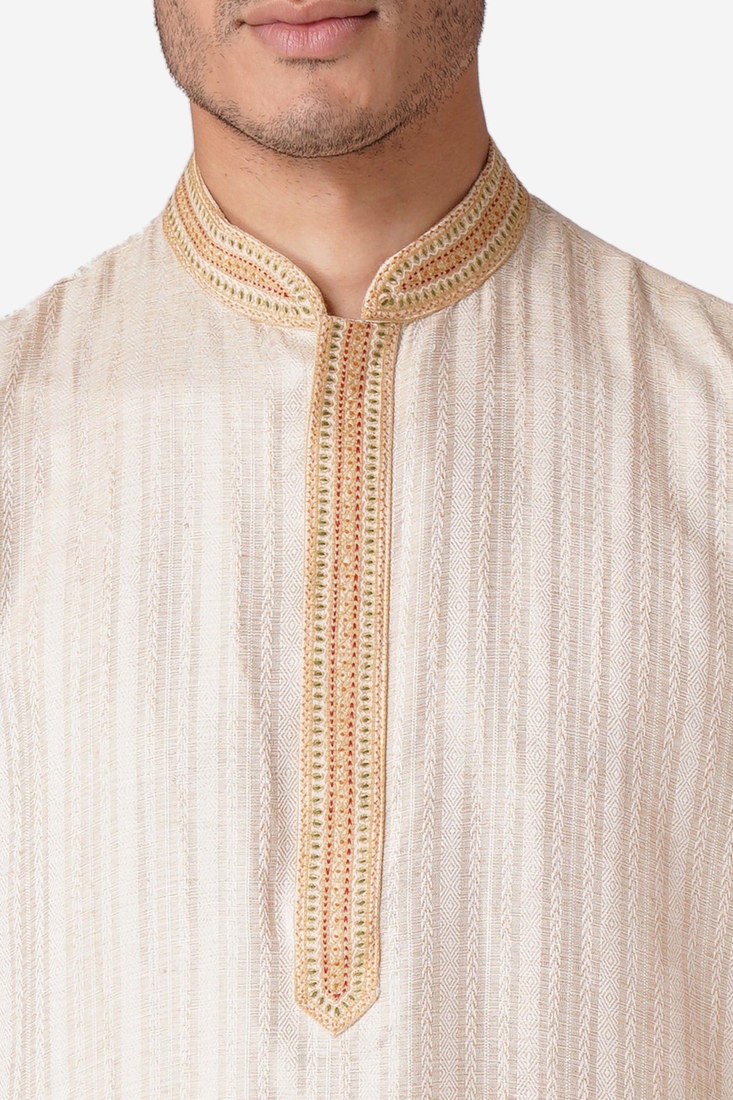 Full Sleeve Self Design Kurta and Churidar Set in Beige Pure Cotton