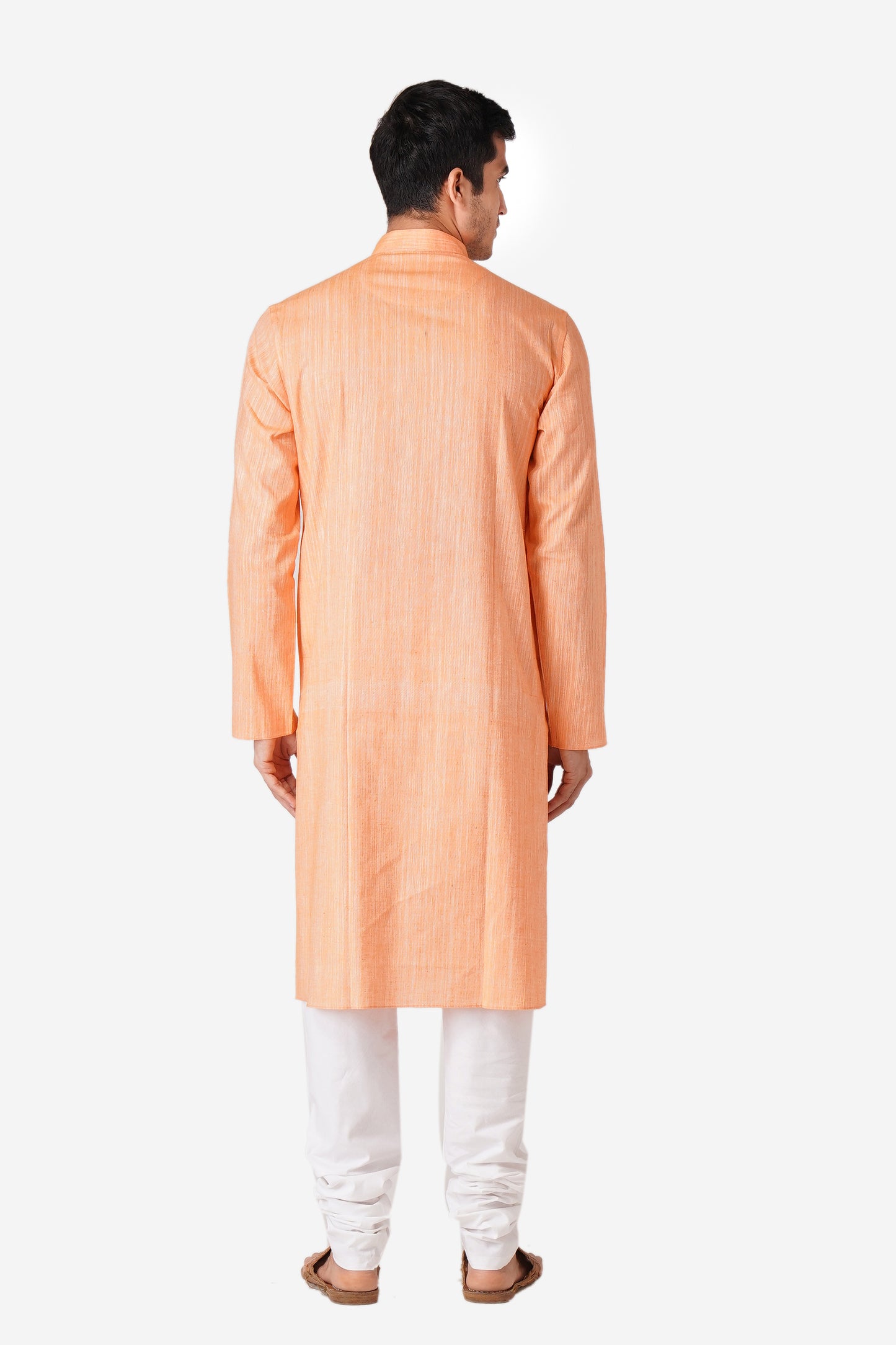 Full Sleeve Solid Kurta and Churidar Set in Orange Khadi Cotton