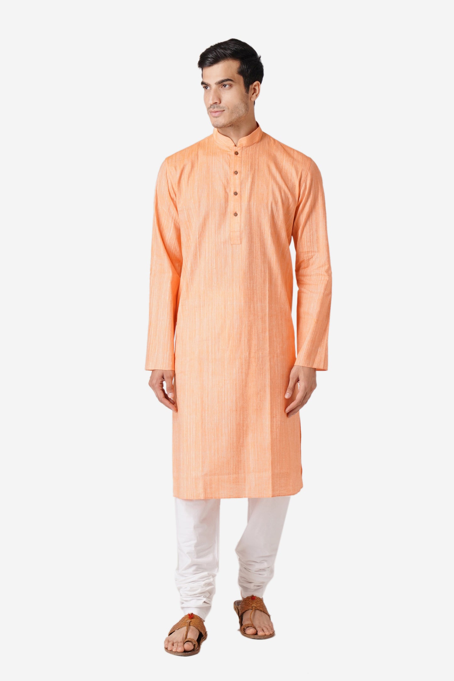 Full Sleeve Solid Kurta and Churidar Set in Orange Khadi Cotton