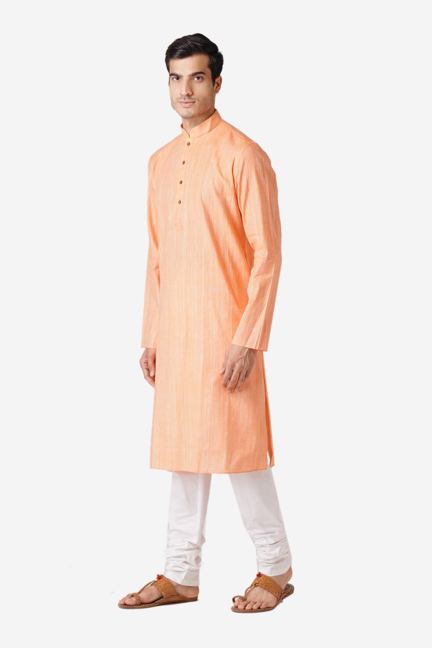 Full Sleeve Solid Kurta and Churidar Set in Orange Khadi Cotton