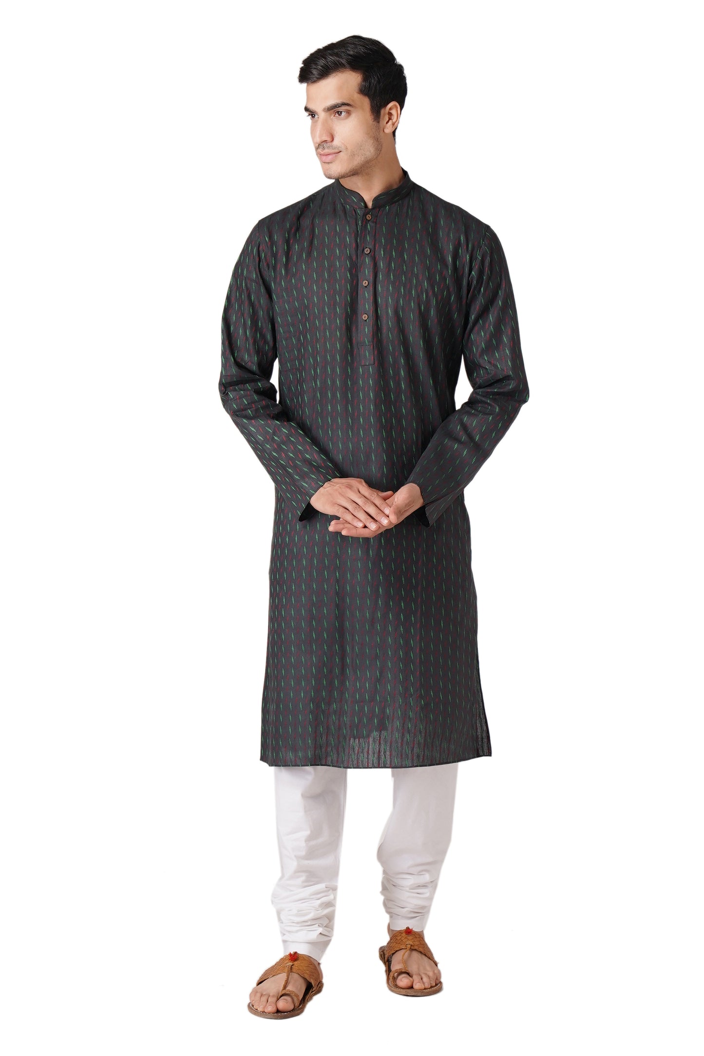 Full Sleeve Self Design Kurta and Churidar Set in Black Pure Cotton